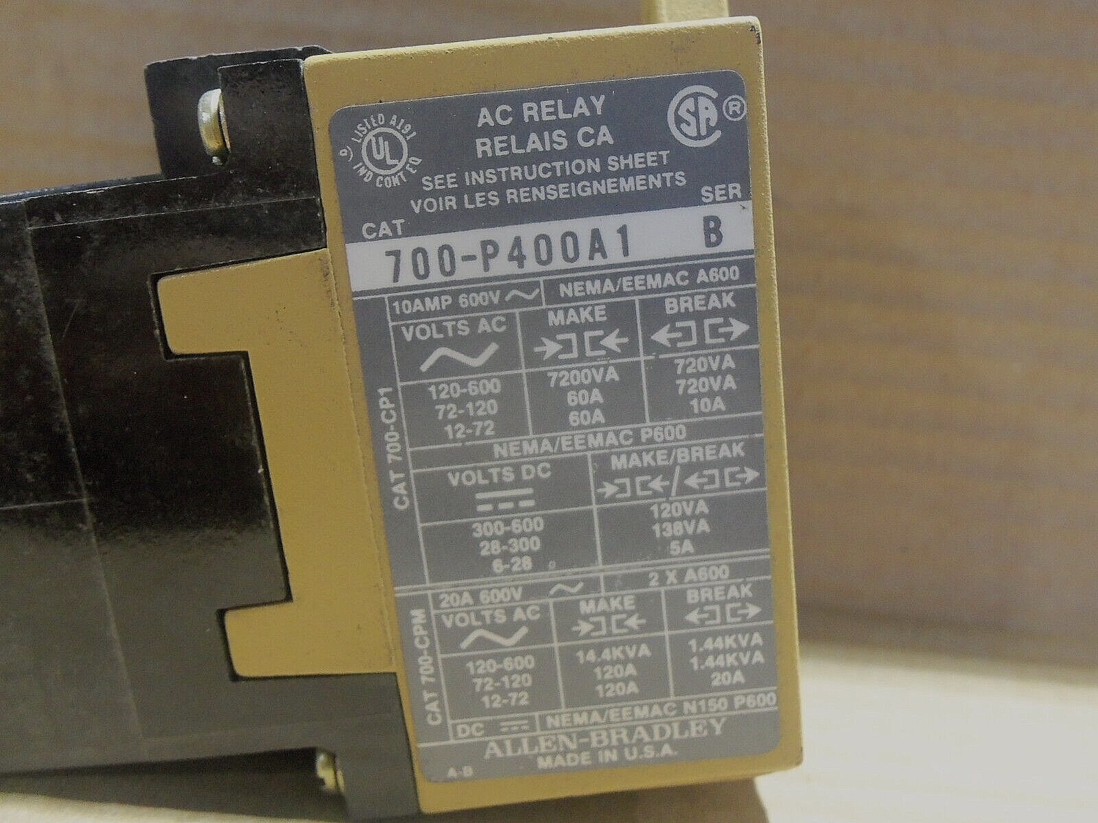 Allen Bradley 700-P400A1 Series B AC Relay 10 Amp 600Volt 700P400A1