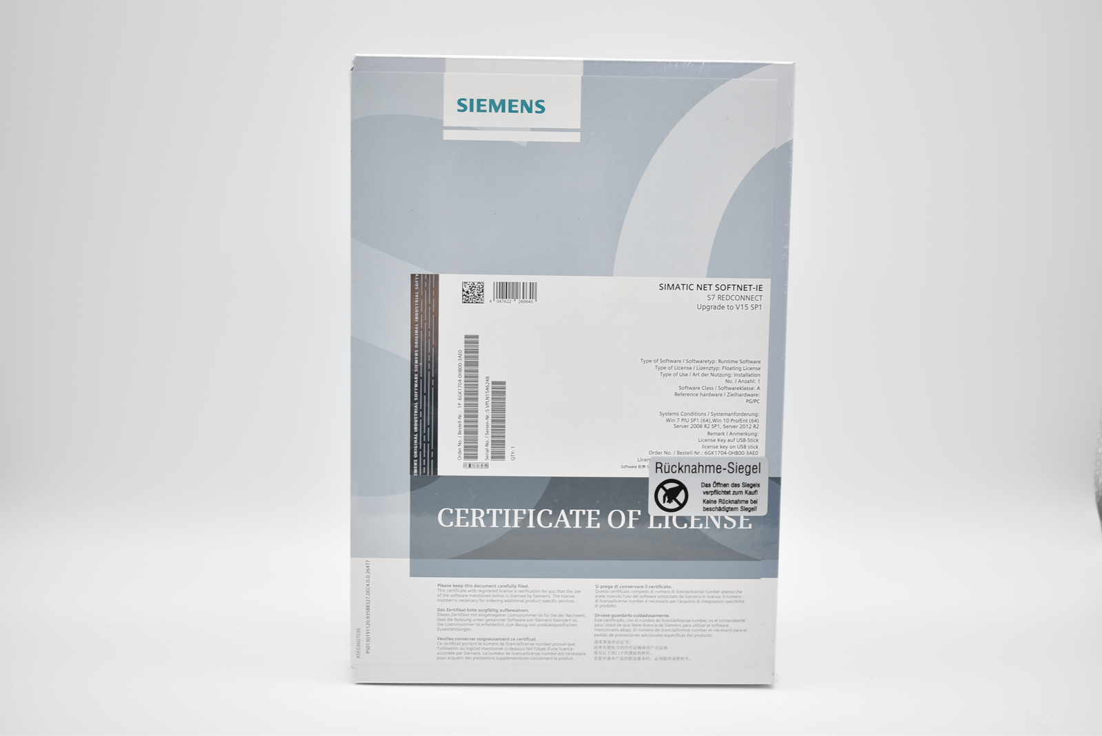 Siemens simatic NET SOFTNET-IE S7 Upgrade V15 SP1 Redconnect 6GK1704-0HB00-3AE0