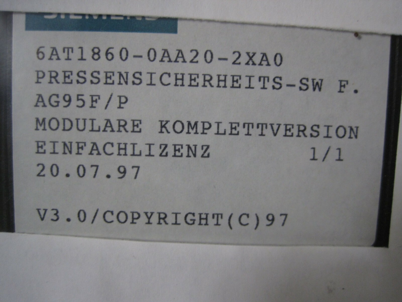 SIEMENS Simatic Software Press Safety AG95F/P 6AT1860-0AA20-2XA0 Sealed