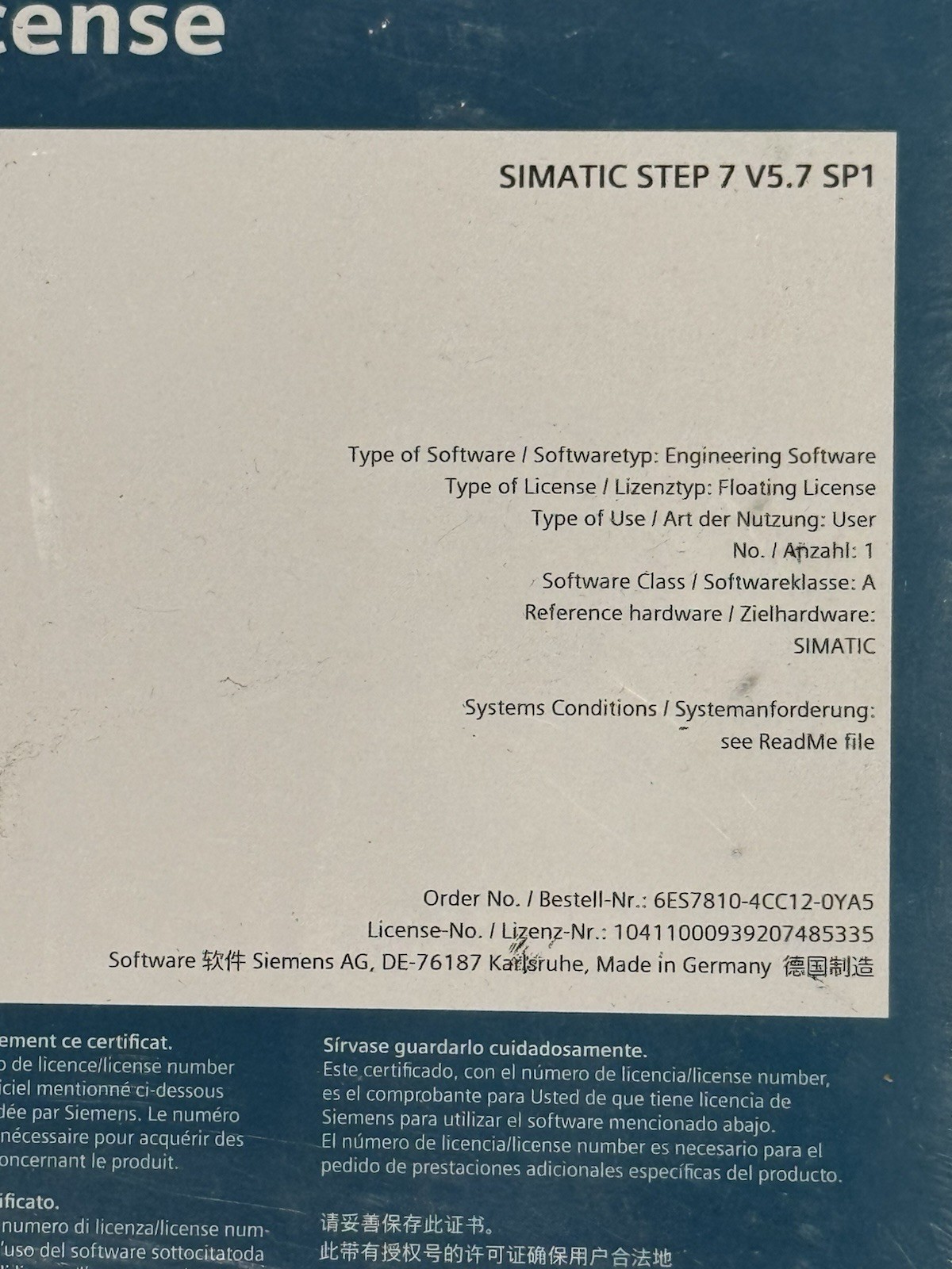 Simatic Step7 V 5.7 Floating License 1 User New Factory Seal 6ES7810-4CC12-0YA5