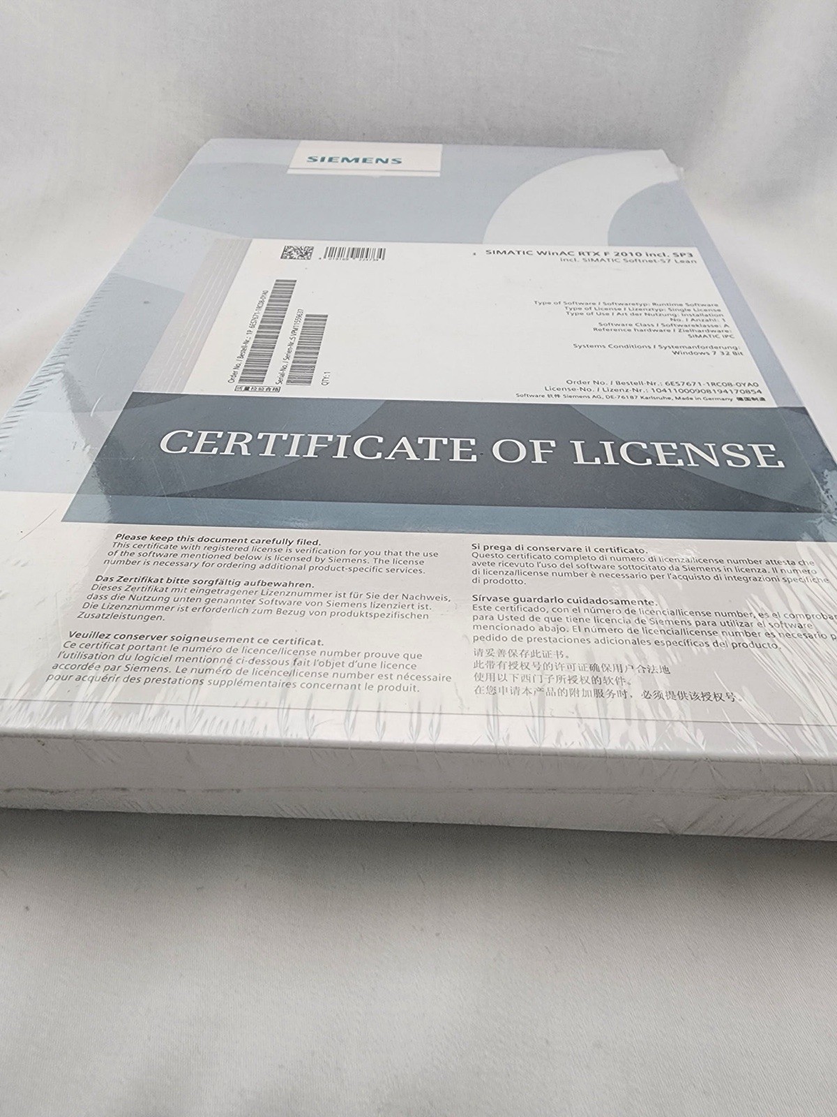 Siemens SIMATIC WinAC RTX F 2010 SP3 Certificate of License 6ES7671-7RC08-0YA0