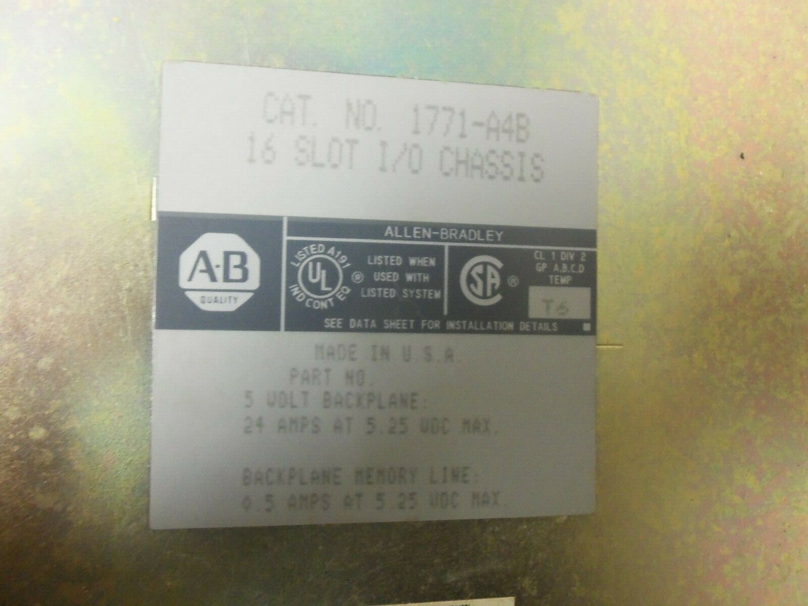 Allen Bradley 1771-A4B 16 Slot I/O Chassis W/ 1771-P2 Power Supply KMGM