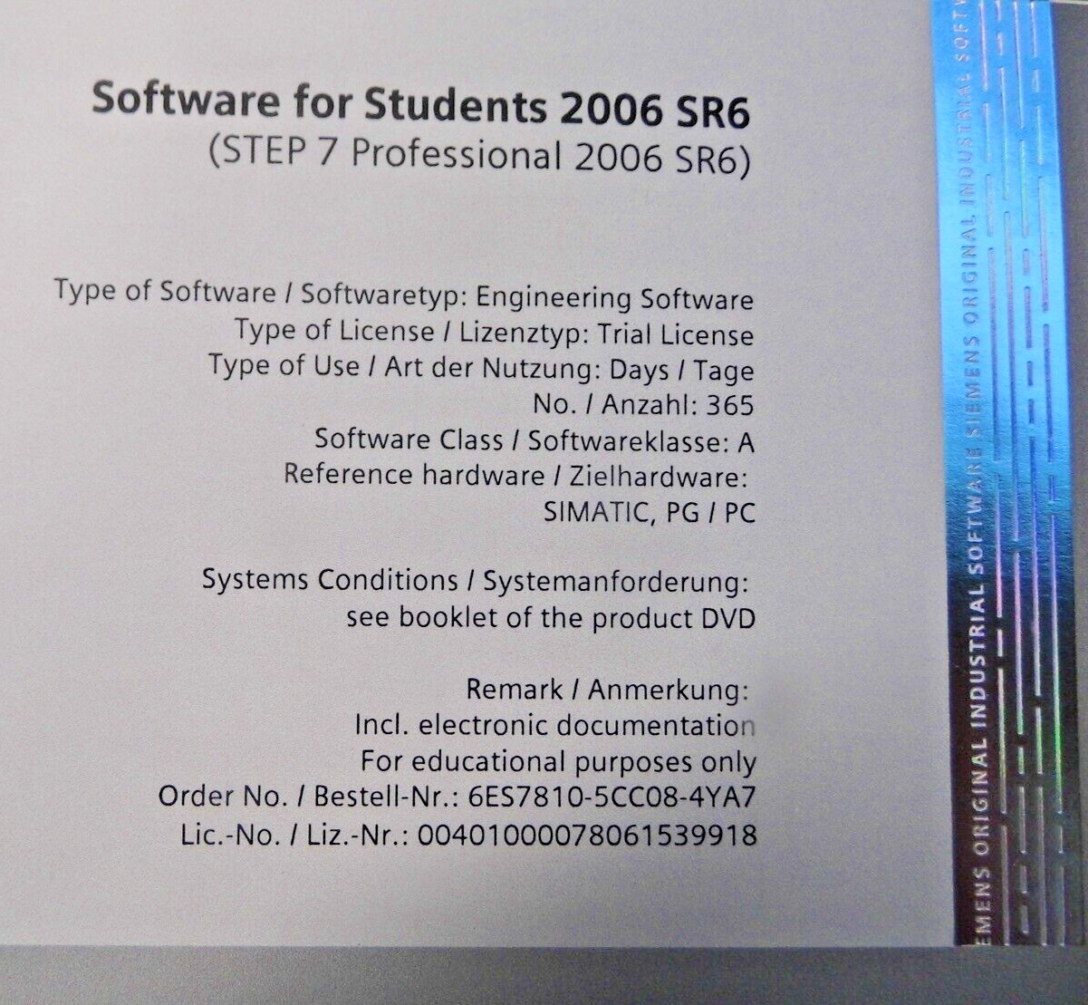 Siemens Step 7 Professional 2006 SR6 Simatic Software 6ES7810-5CC10 / 5CC08-4YA7
