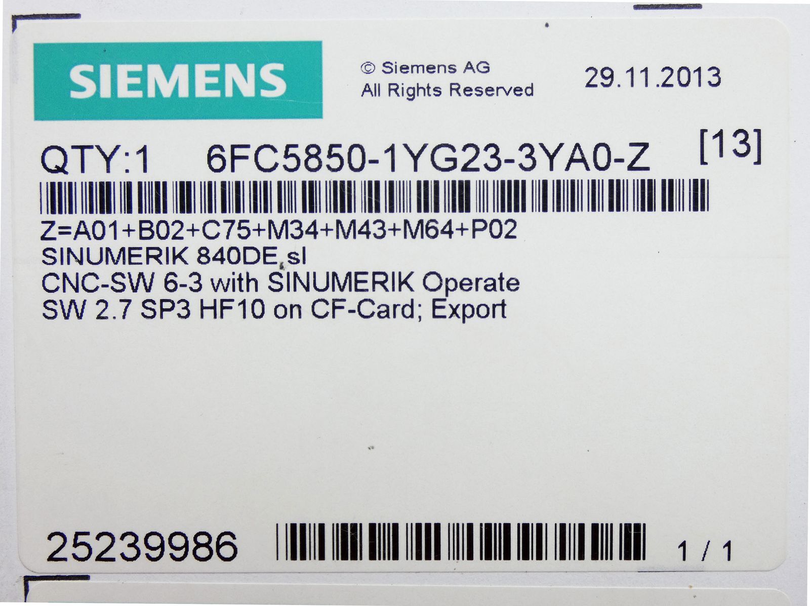 Siemens Sinumerik 6FC5850-1YG23-3YA0-Z Z=A01+B02+C75+M34+M43+M64+P02 -Unused-