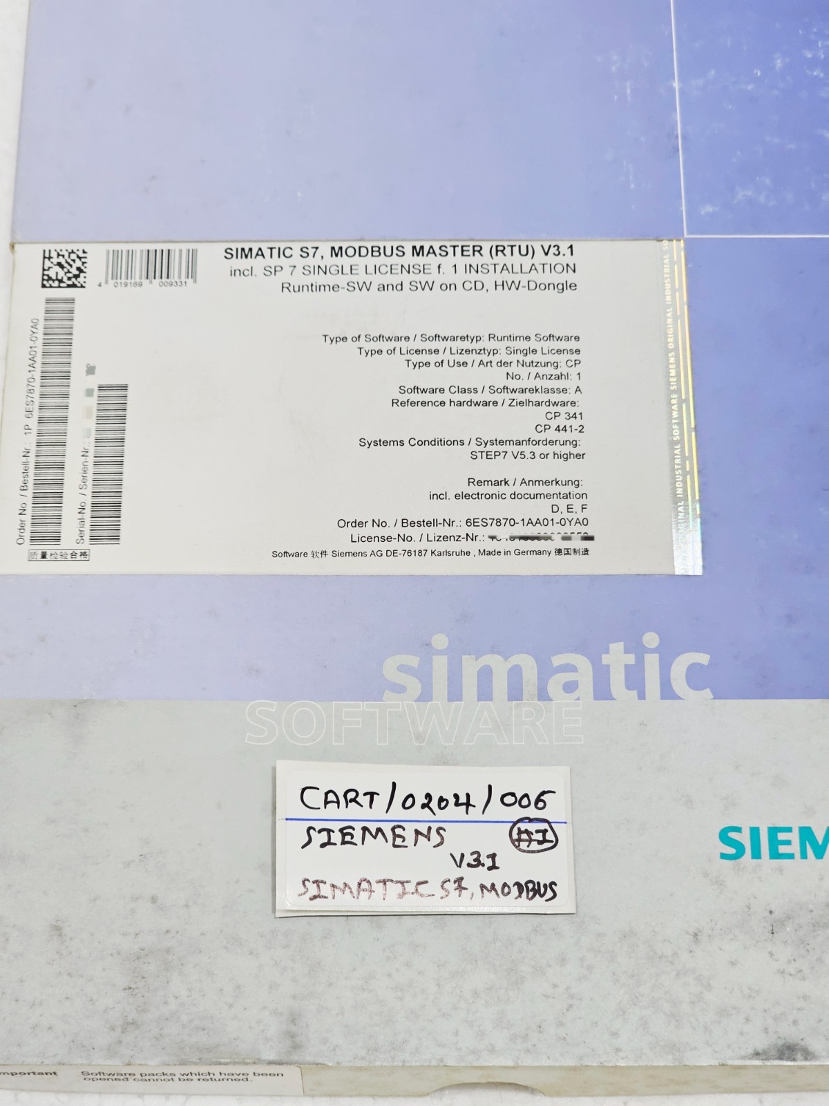 SIEMENS SIMATIC S7, MODBUS MASTER (RTU) V3.1 6ES7870-1AA01-0YA0 Software #1