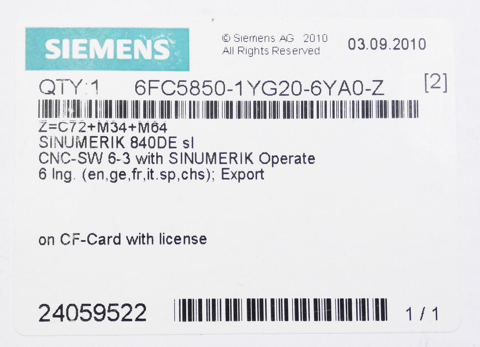 Siemens Sinumerik 6FC58 50-1YG20-6YA0-Z + 6FC5 800-0AM34-0YB0 -unused/original packaging