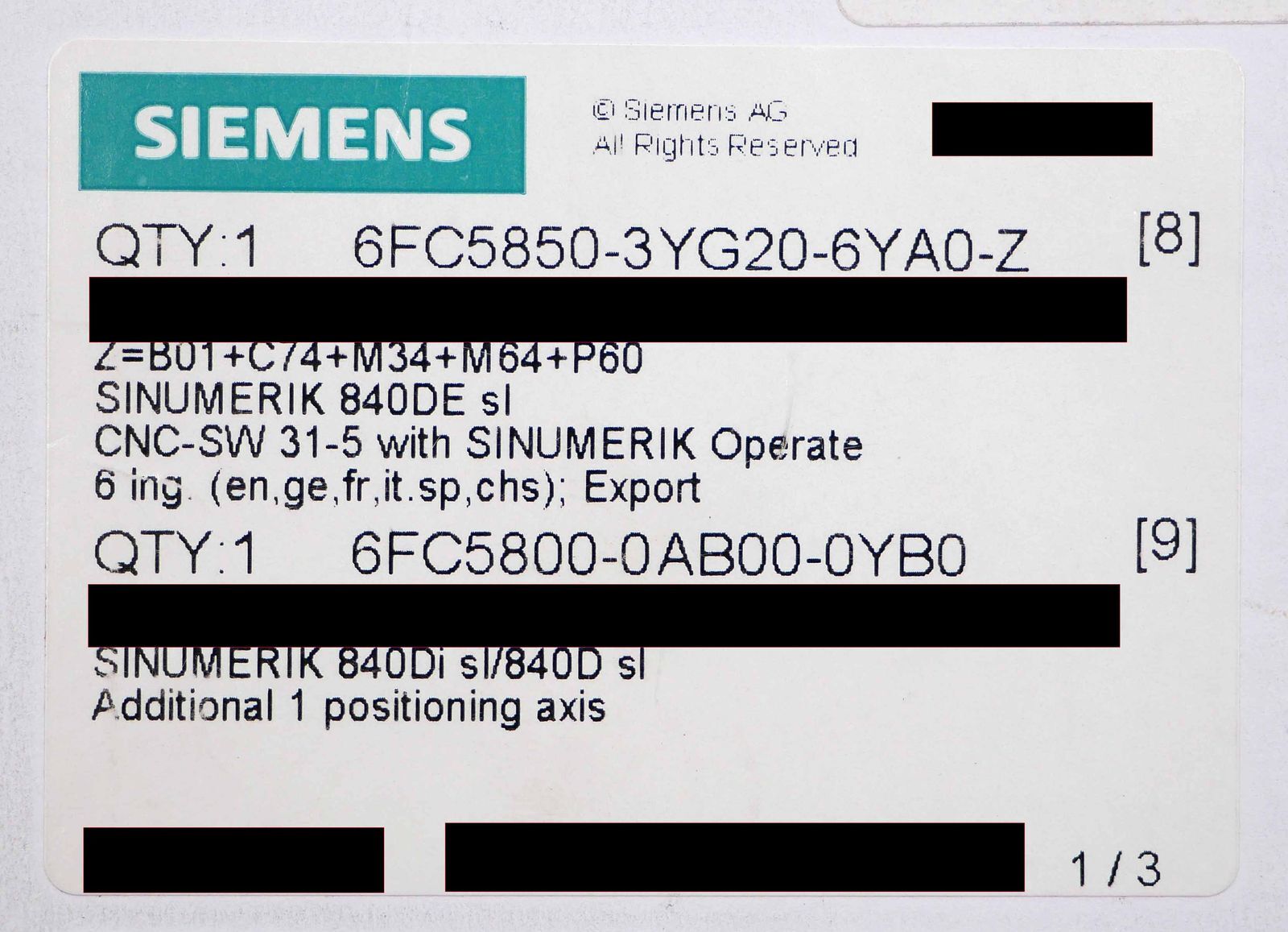 Siemens SINUMERIK 840DE sl 6FC5850-3YG20-6YA0-Z Z=B01+C74+M34+M64+P60 -sealed-
