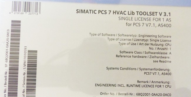 Siemens SIMATIC 6BQ2001-0AA20-0AC0 PCS 7 HVAC Lib Toolset V3.1 -sealed-