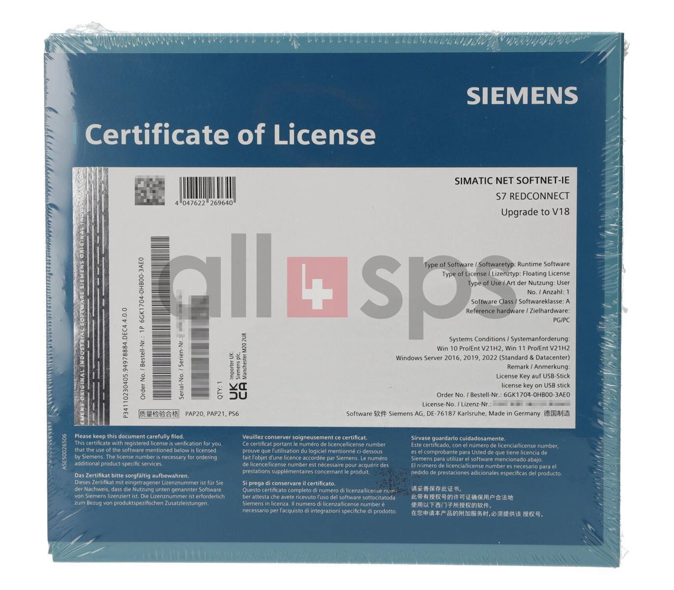 SIMATIC NET SOFTNET-IE S7 REDCONNECT UPGRADE TO V18, 6GK1704-0HB00-3AE0 (NS)
