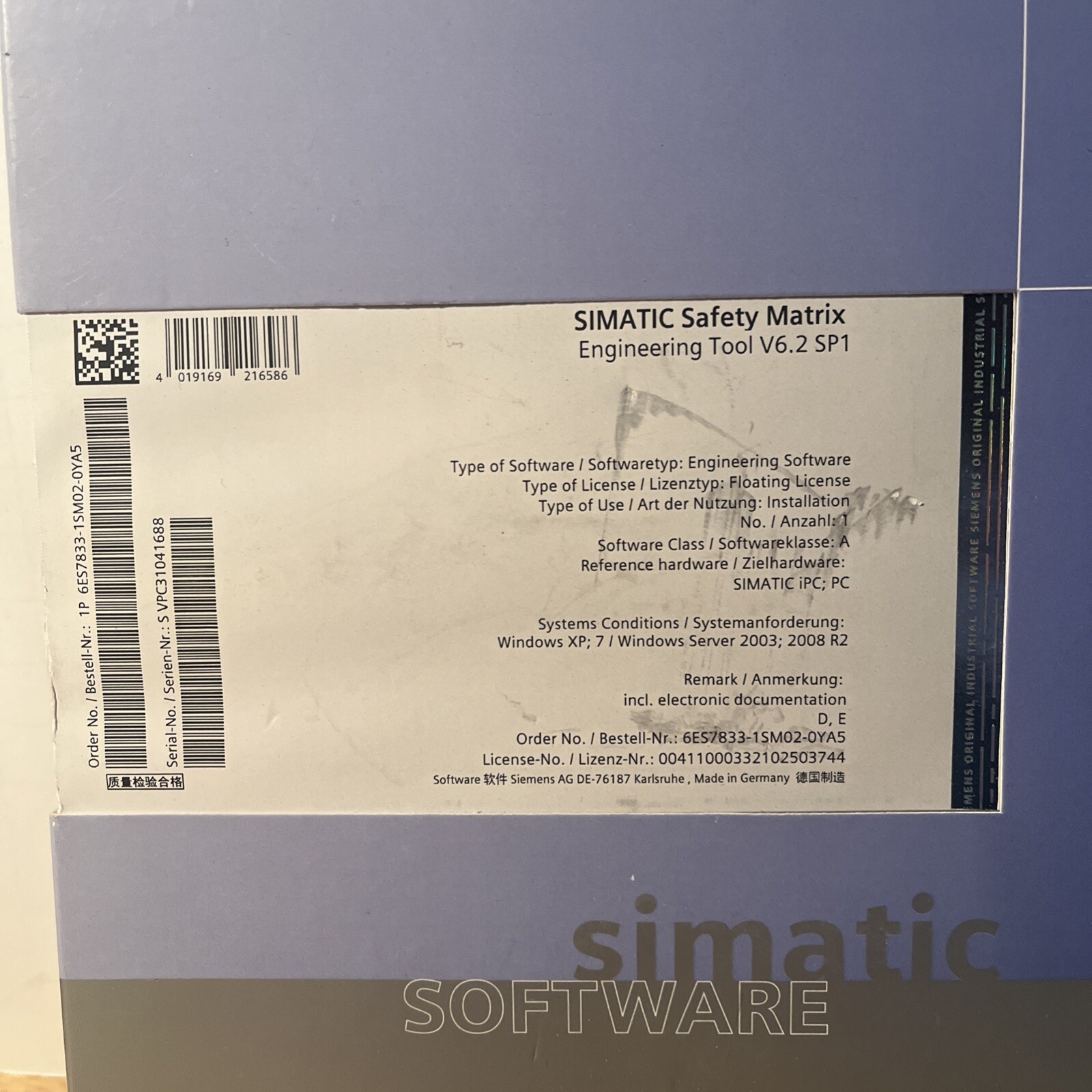 Siemens SIMATIC 6ES7833-1SM02-0YA5 Safety Matrix Engineering Tool V6.2 SP1