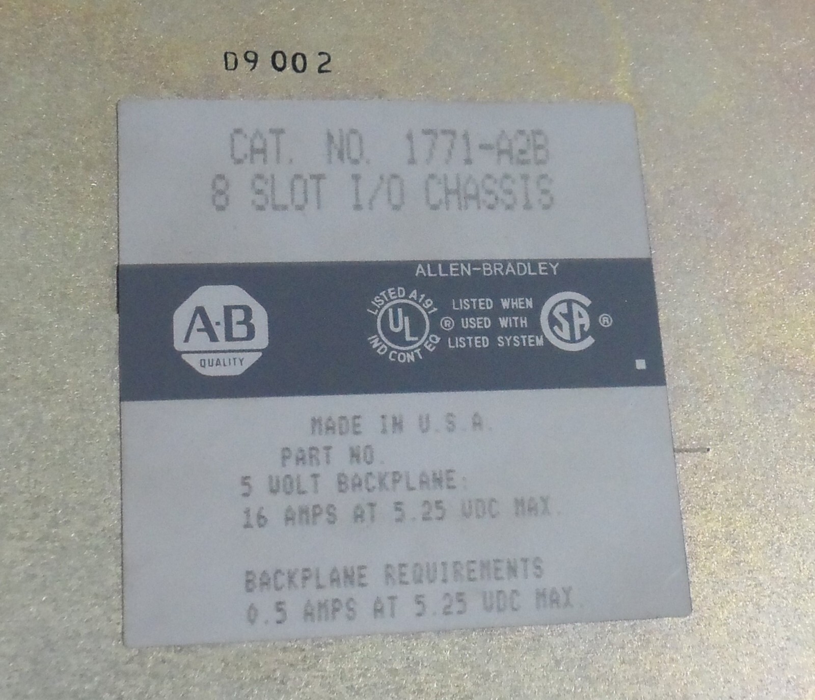 ALLEN BRADLEY 1771-A2B 8 SLOT I/O CHASSIS WITH CIRCUIT BOARD 960188-01FT20 9001