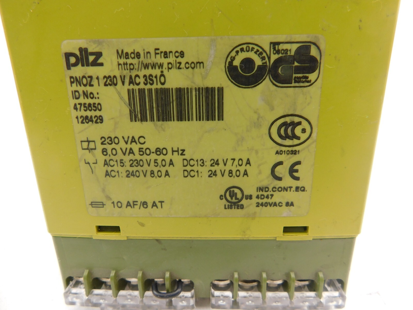 Pilz Pnoz 1 230vac 3S10 230 Acc 6.0VA 50-60Hz AC15 : 230V 5.0A Dc13 : 24V 7.0
