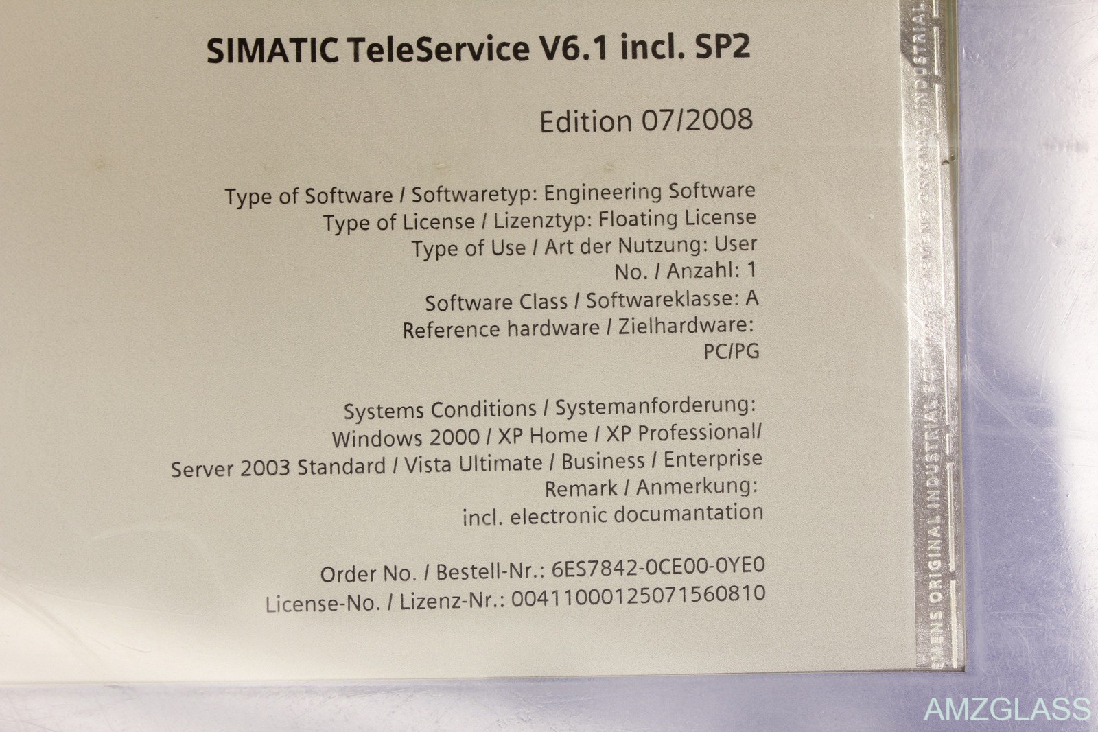 Siemens 6ES7842-0CE00-0YE0 Simatic TeleService Software V6.1 Including SP2