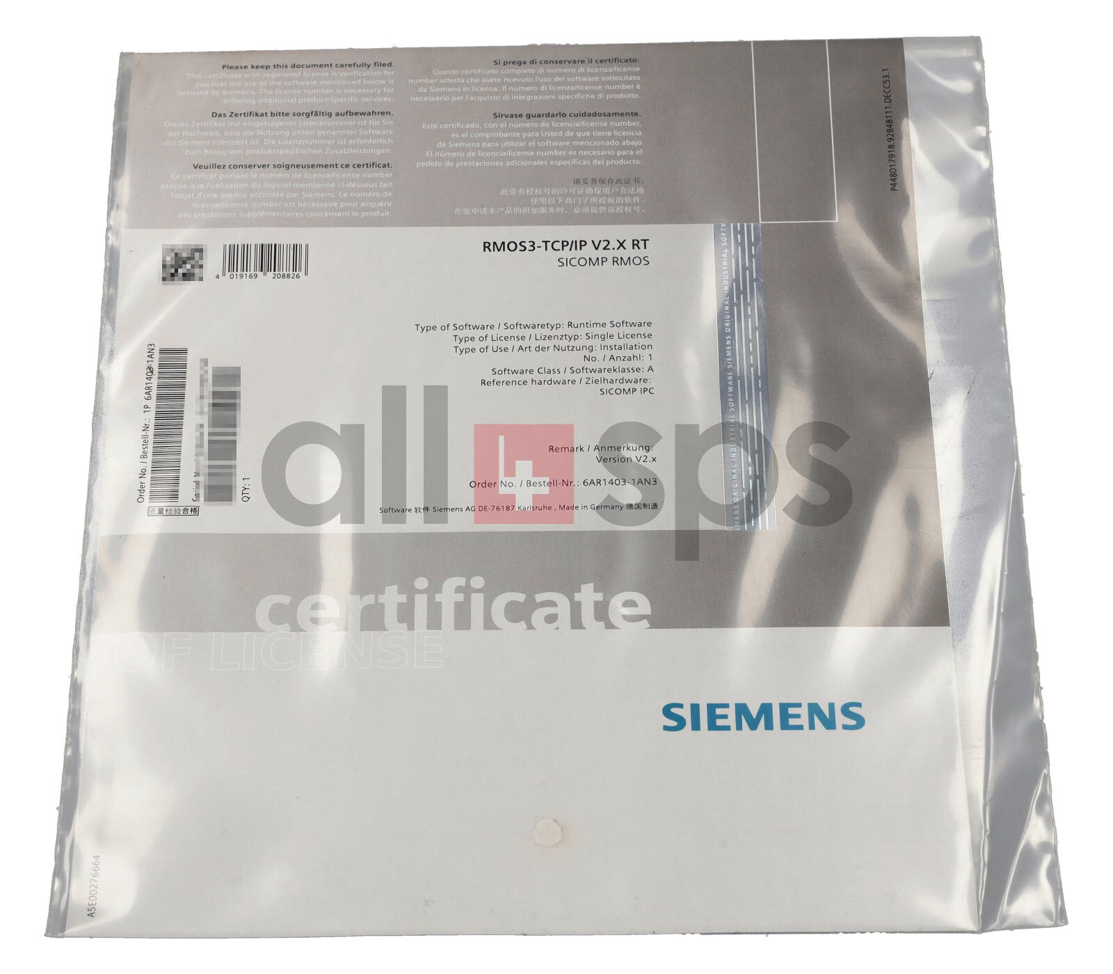 SICOMP RMOS3-TCP/IP RUNTIME LIZENZ AB V2.0, 6AR1403-1AN3 (NO)