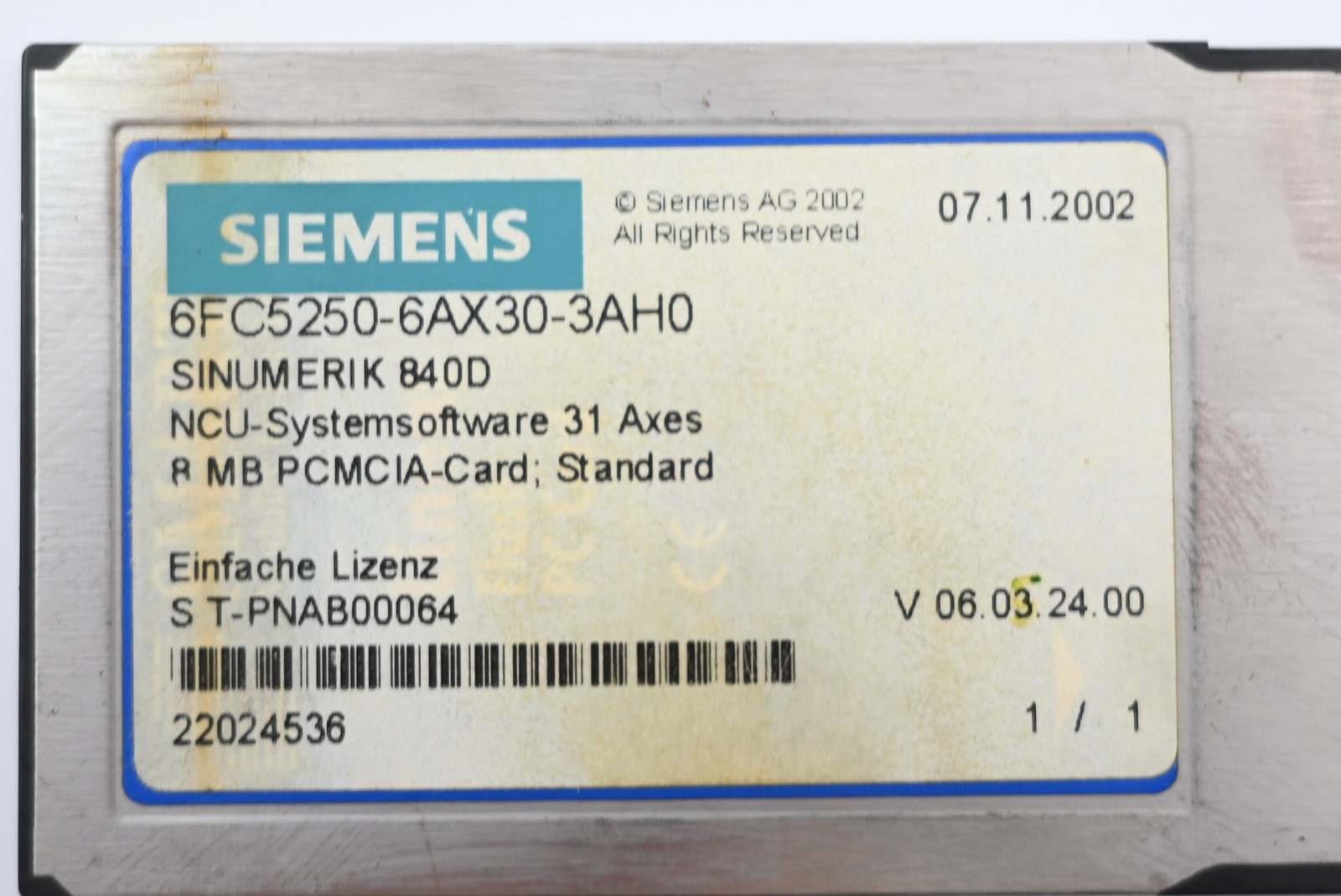 Siemens Sinumerik 840D CNC Software 6FC5250-6AX30-3AH0 ( 6FC5 250-6AX30-3AH0 )