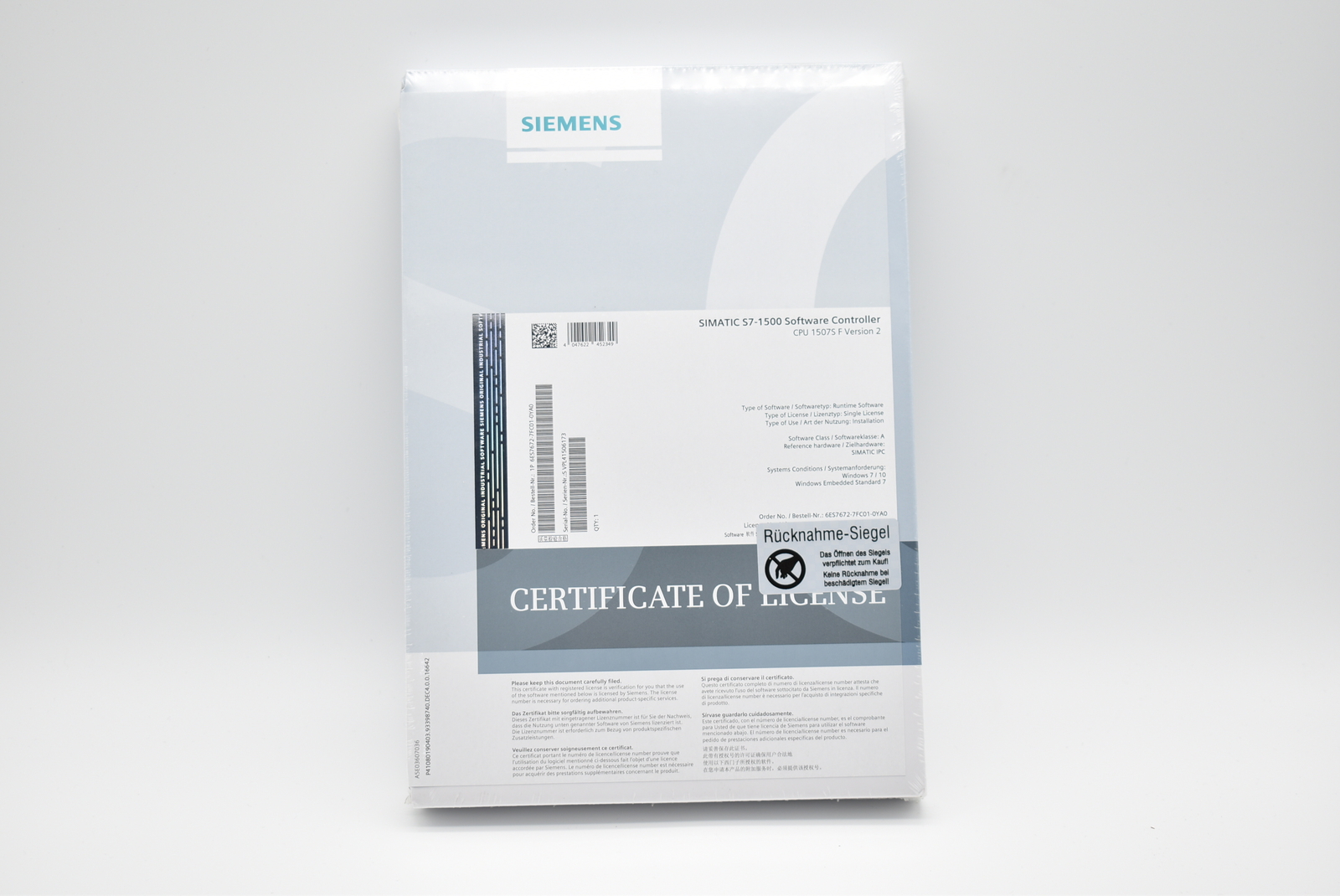 Siemens Simatic S7-1500 Failsafe Software 6ES7672-7FC01-0YA0 6ES7 672-7FC01-0YA0