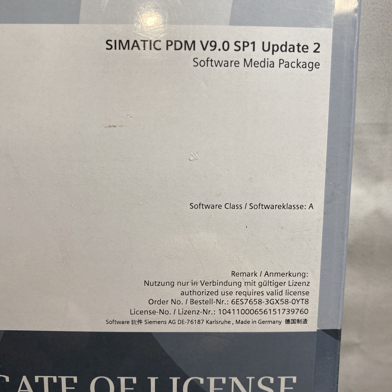 6ES7658-3GX58- 0YT8 Siemens PDM Version 9.0 SP1 CERTIFICATE OF LICENSE