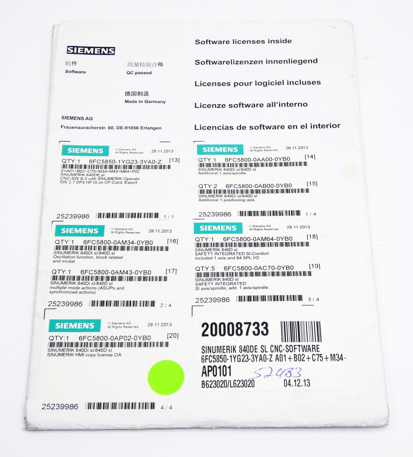 Siemens Sinumerik 6FC5850-1YG23-3YA0-Z Z=A01+B02+C75+M34+M43+M64+P02 -Unused-