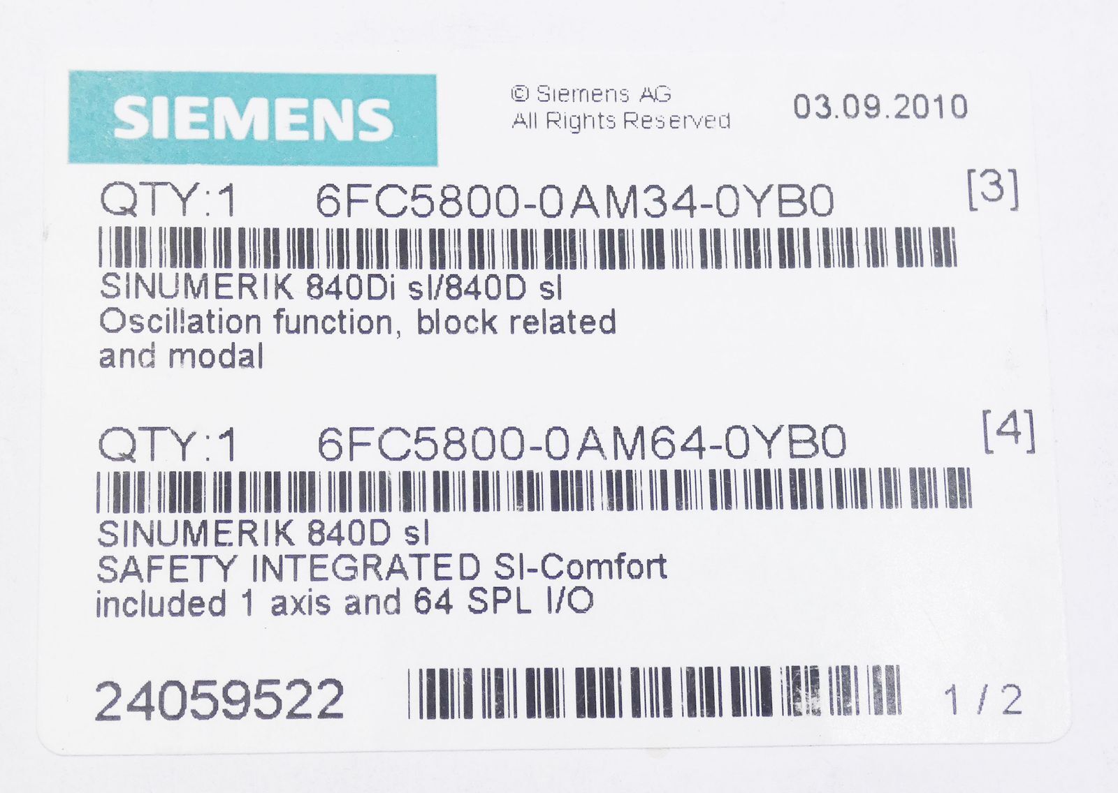 Siemens Sinumerik 6FC58 50-1YG20-6YA0-Z + 6FC5 800-0AM34-0YB0 -unused/original packaging