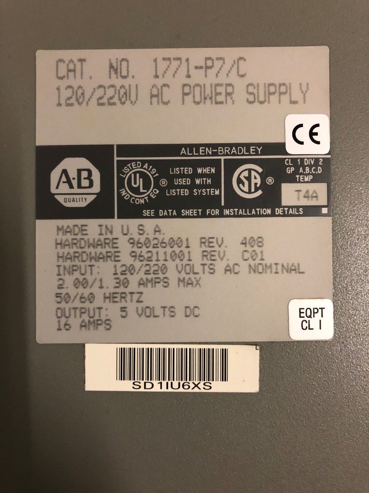 ALLEN BRADLEY 1771-P7/C 120V 220C AC POWER SUPPLY 30 AMP KMGM
