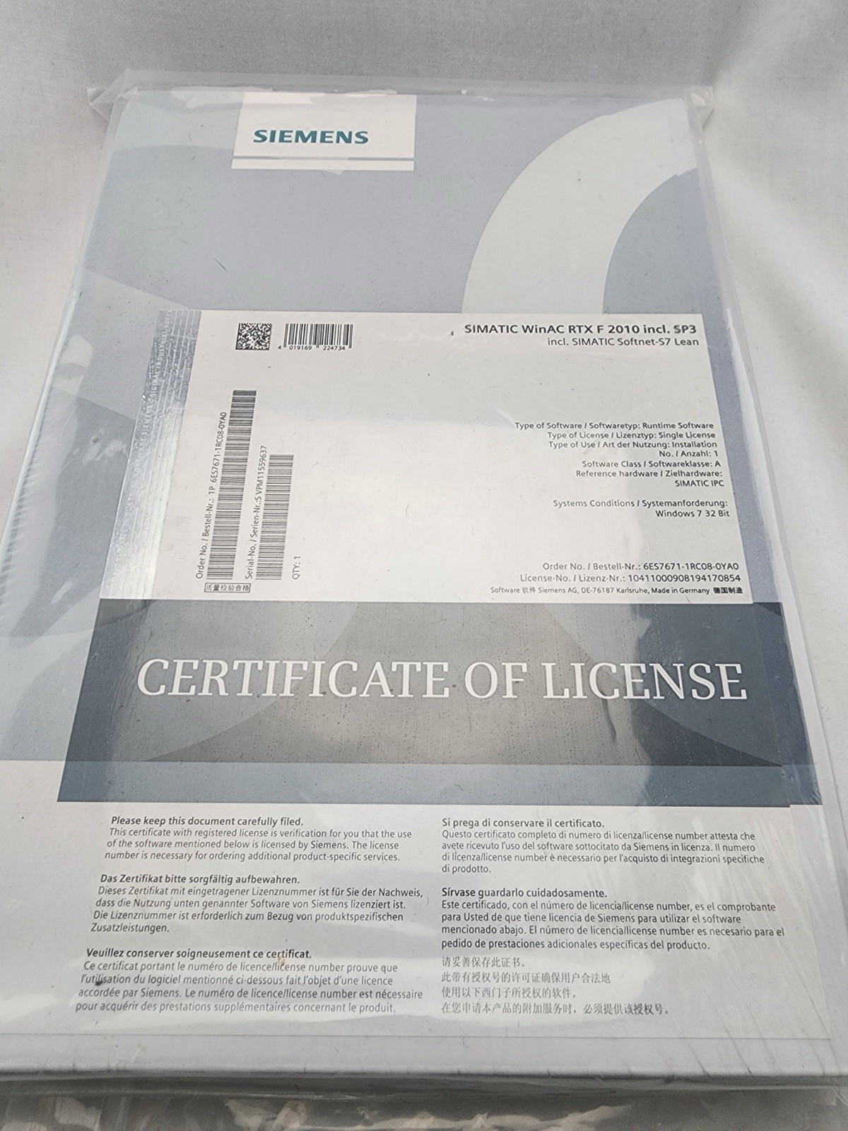 Siemens SIMATIC WinAC RTX F 2010 SP3 Certificate of License 6ES7671-7RC08-0YA0