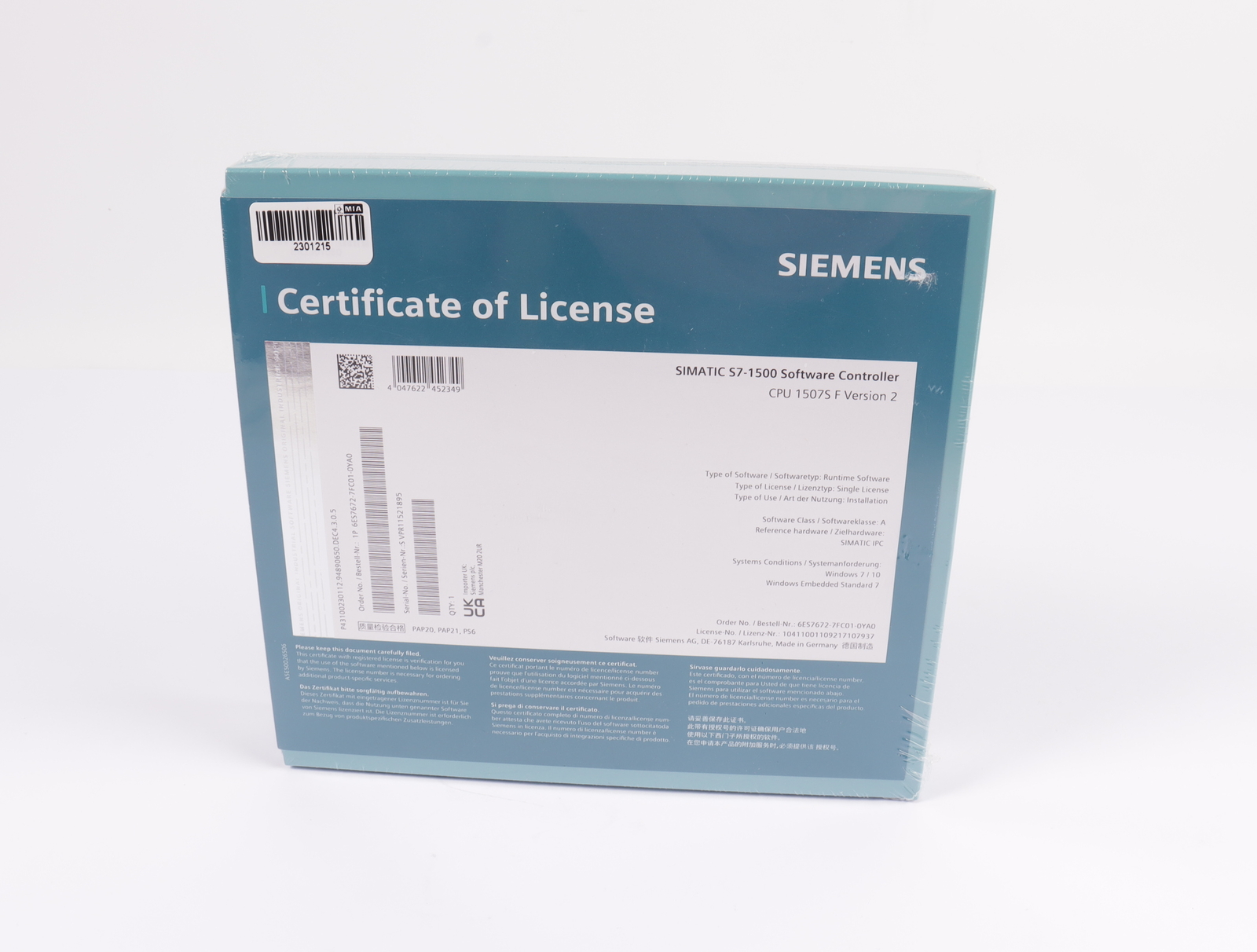 Siemens SIMATIC S7-1500 Software Controller CPU 1507S F 6ES7672-7FC01-0YA0 Vers2