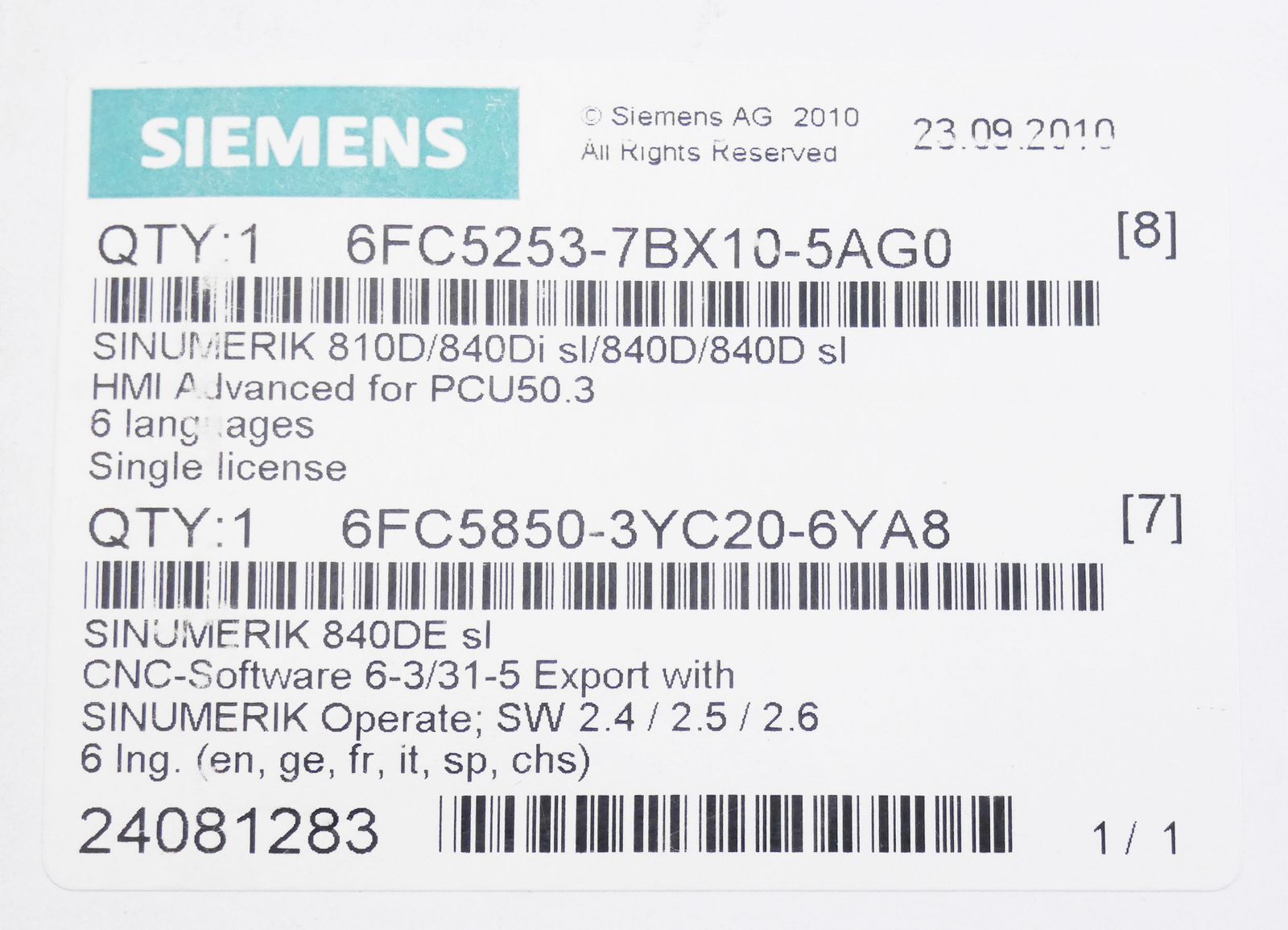 Siemens Sinumerik 6FC5 253-7BX10-5AG0 + 6FC5 850-3YC20-6YA8 -Unused/Original Packaging-