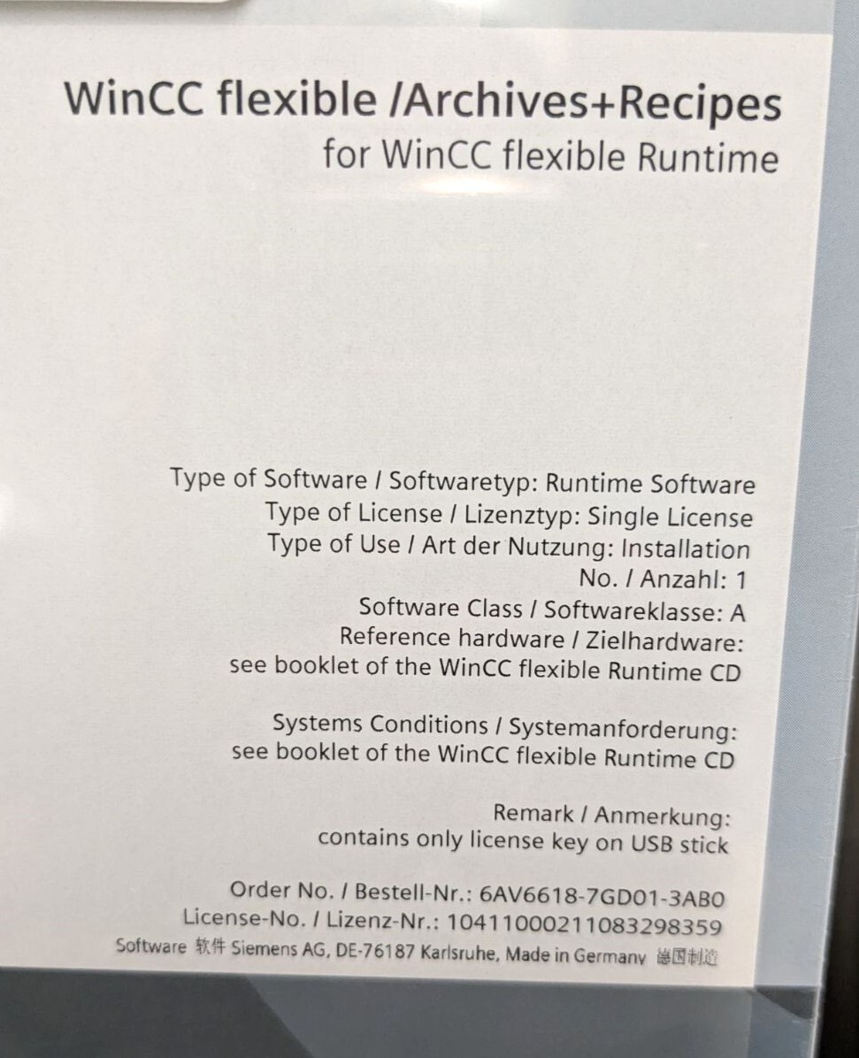 New Siemens 6AV6618-7GD01-3AB0 WinCC Flexible/Archives+Recipes License