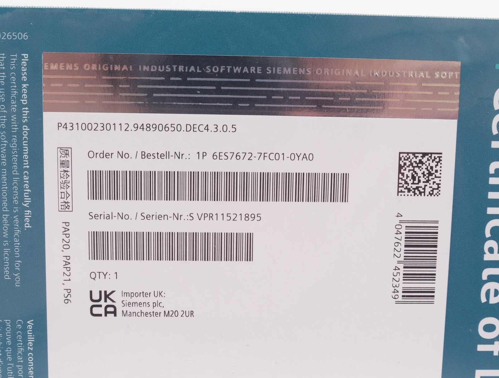 Siemens SIMATIC S7-1500 Software Controller CPU 1507S F 6ES7672-7FC01-0YA0 Vers2