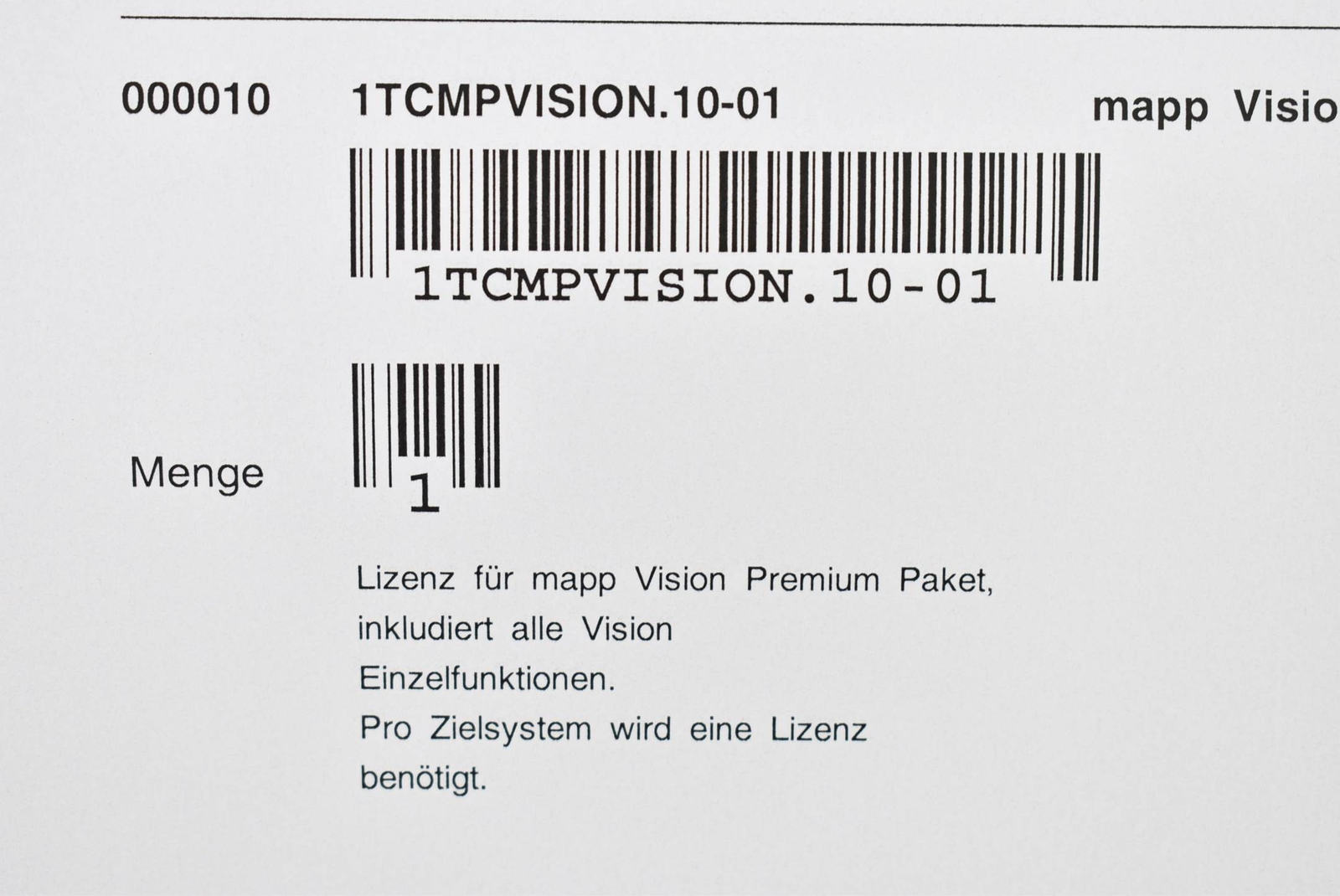 B&R automation license for mapp Vision premium package 1TCMPVISION.10-01 lot 1
