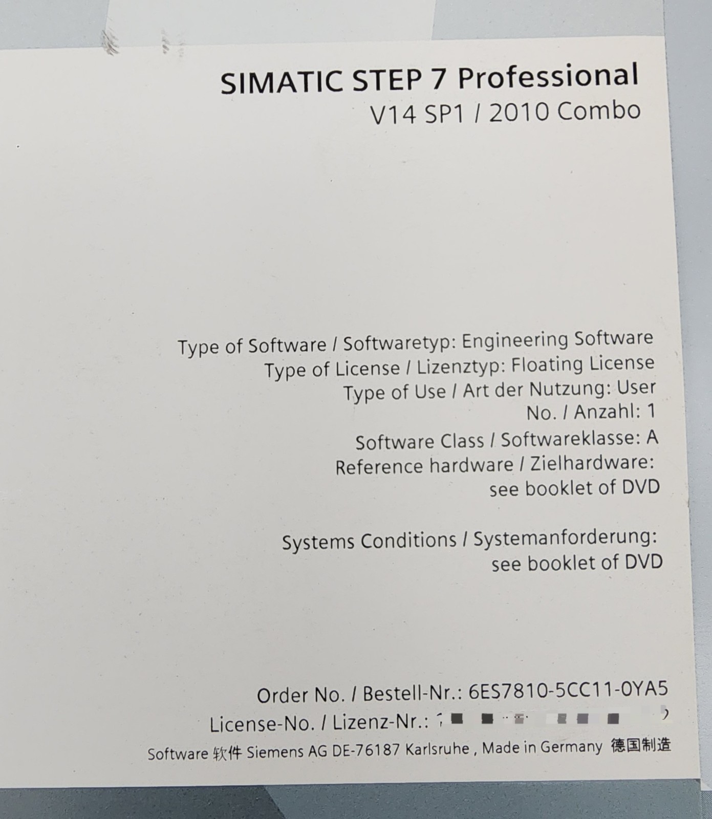 SIEMENS 6ES7810-5CC11-0YA5 STEP 7 PROFESSIONAL V14 SP1 / 2010 COMBO *NDA AVAIL