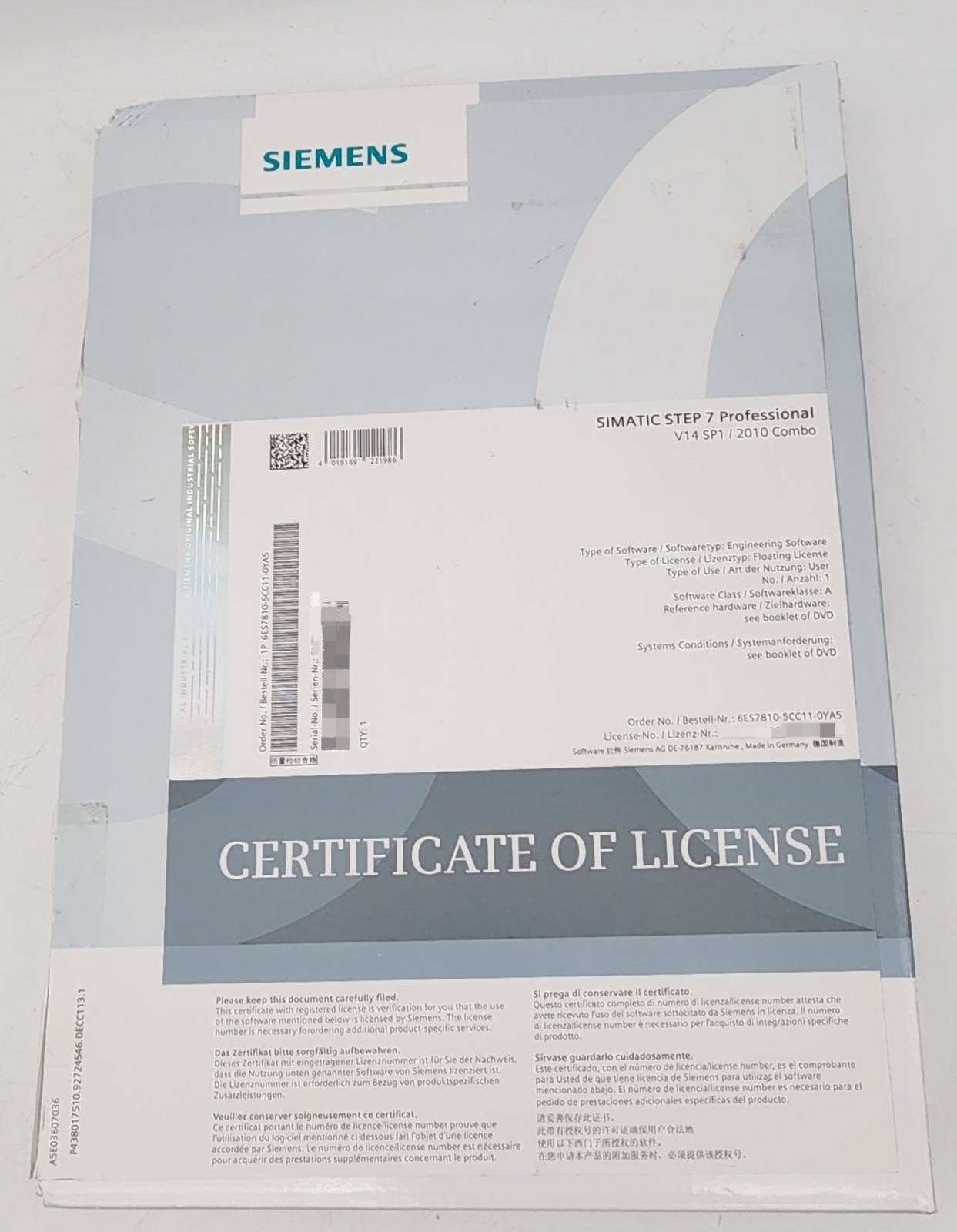 SIEMENS 6ES7810-5CC11-0YA5 STEP 7 PROFESSIONAL V14 SP1 / 2010 COMBO *NDA AVAIL