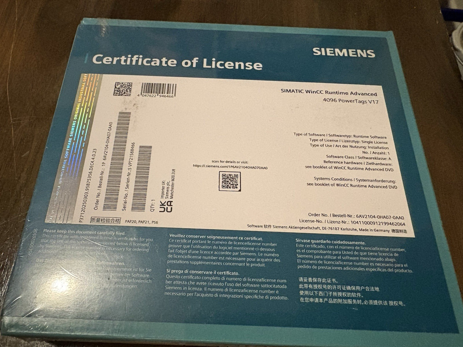 Siemens SIMATIC WinCC Runtime Advanced V17 4096 PowerTags 6AV2104-0HA07-0AA0