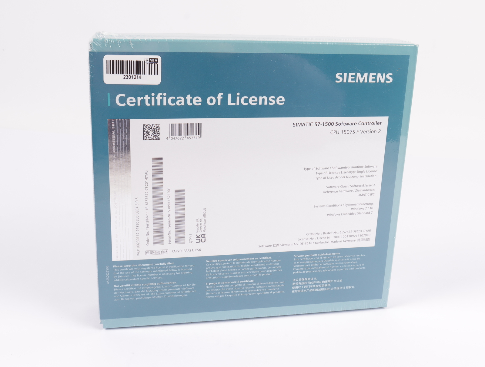 Siemens SIMATIC S7-1500 Software Controller CPU 1507S F 6ES7672-7FC01-0YA0 Vers2