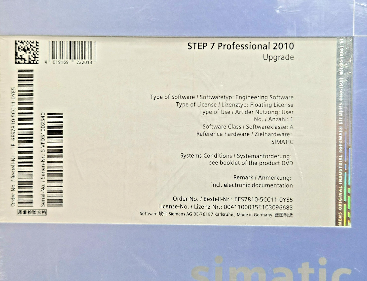 Siemens SIMATIC STEP 7 Professional 2010 SR4 Upgrade 6ES7810-5CC11-0YE5 New