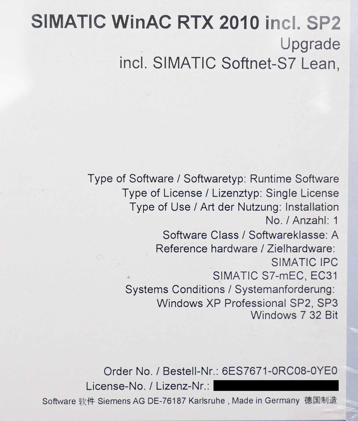 Siemens SIMATIC 6ES7671-0RC08-0YE0 WinAC RTX 2010 incl. SP2 -unused/original packaging-