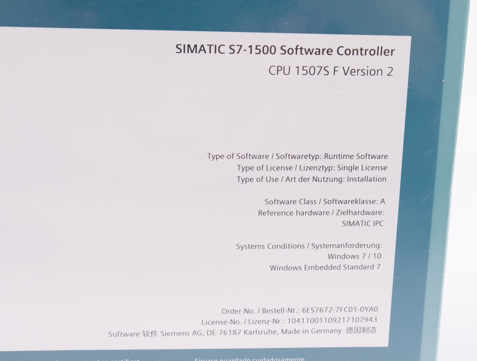 Siemens SIMATIC S7-1500 Software Controller CPU 1507S F 6ES7672-7FC01-0YA0 Vers2