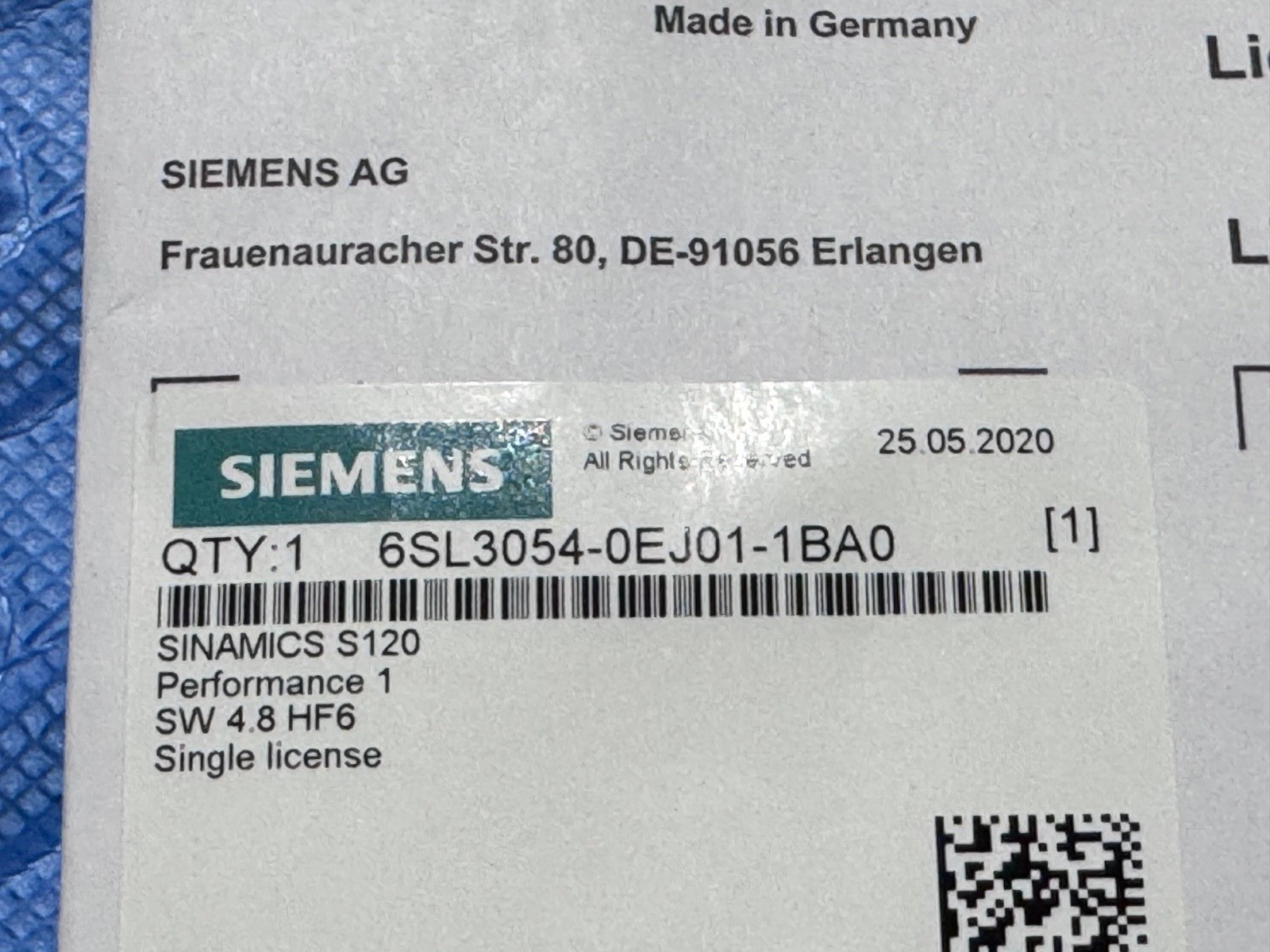 Siemens SINAMICS S120 Performance 1 SW 4.8 HF6 , 6SL3054-0EJ01-1BA0 New