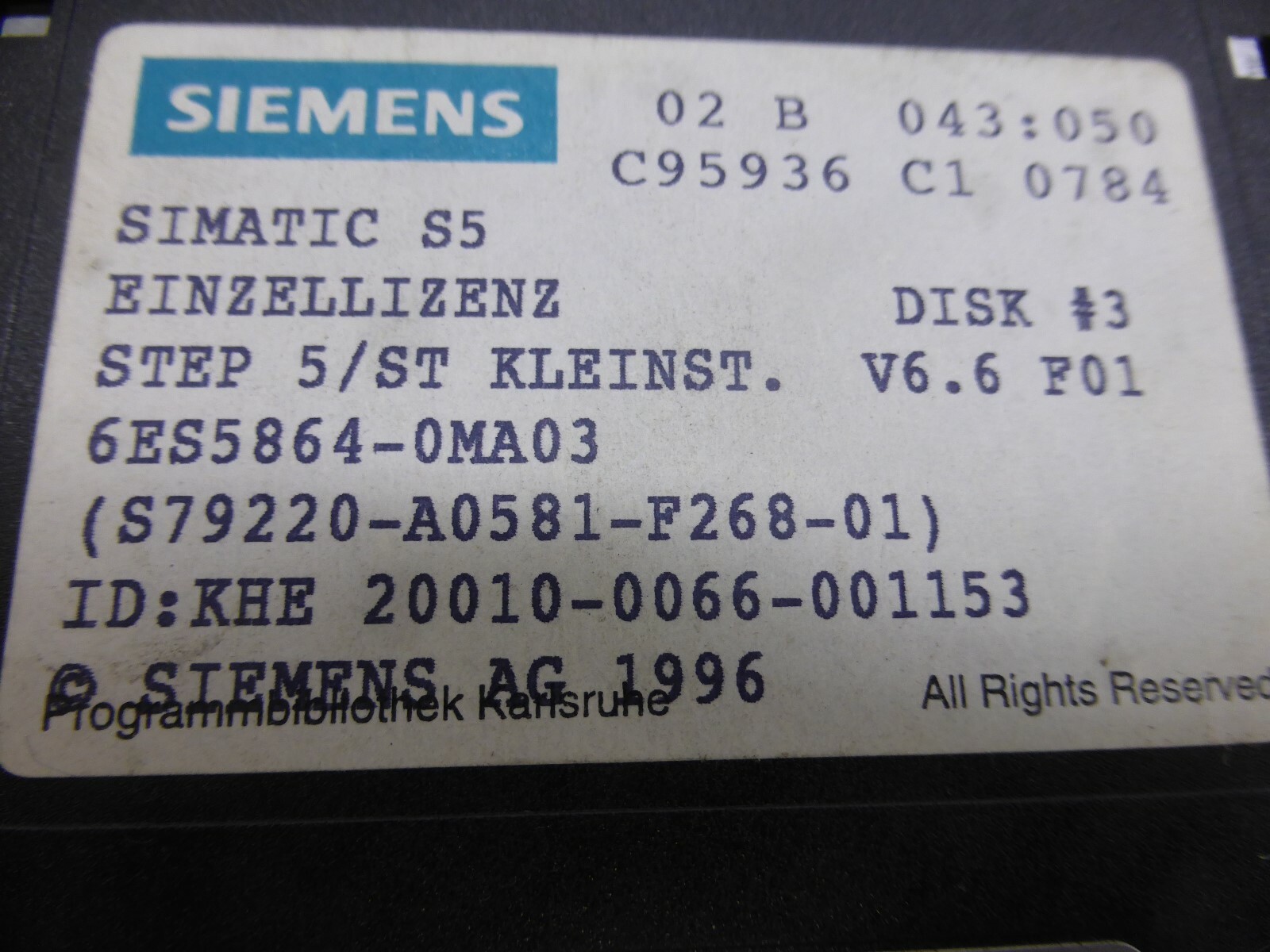 Siemens Simatic S5 Single License STEP 5/ST Smallest. 6ES5 864-0MA03 DISK #1,2,3