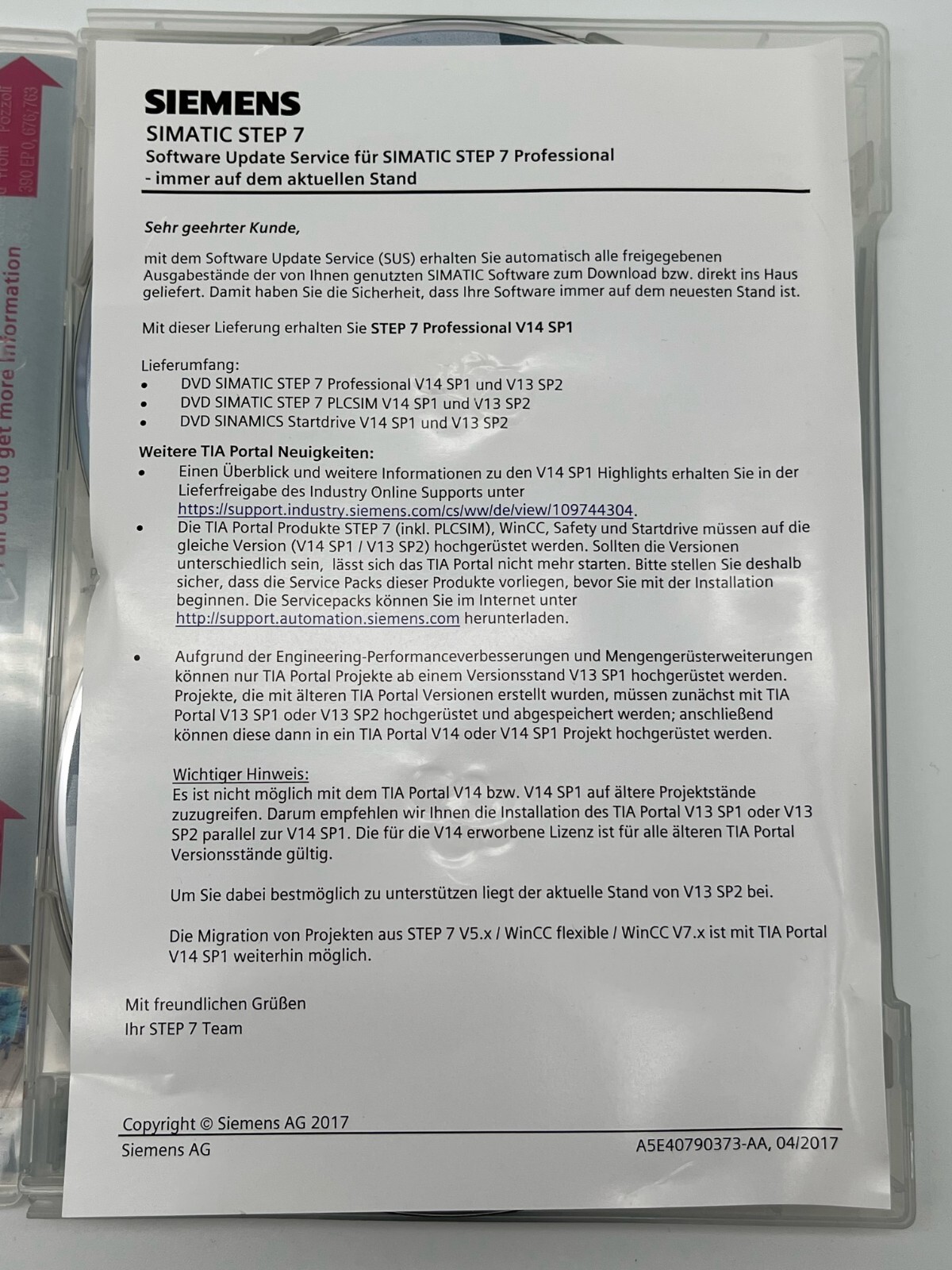 SIEMENS SIMATIC STEP 7 Professional Upgrade V14 SP1 EWK-SUS1055041 Software
