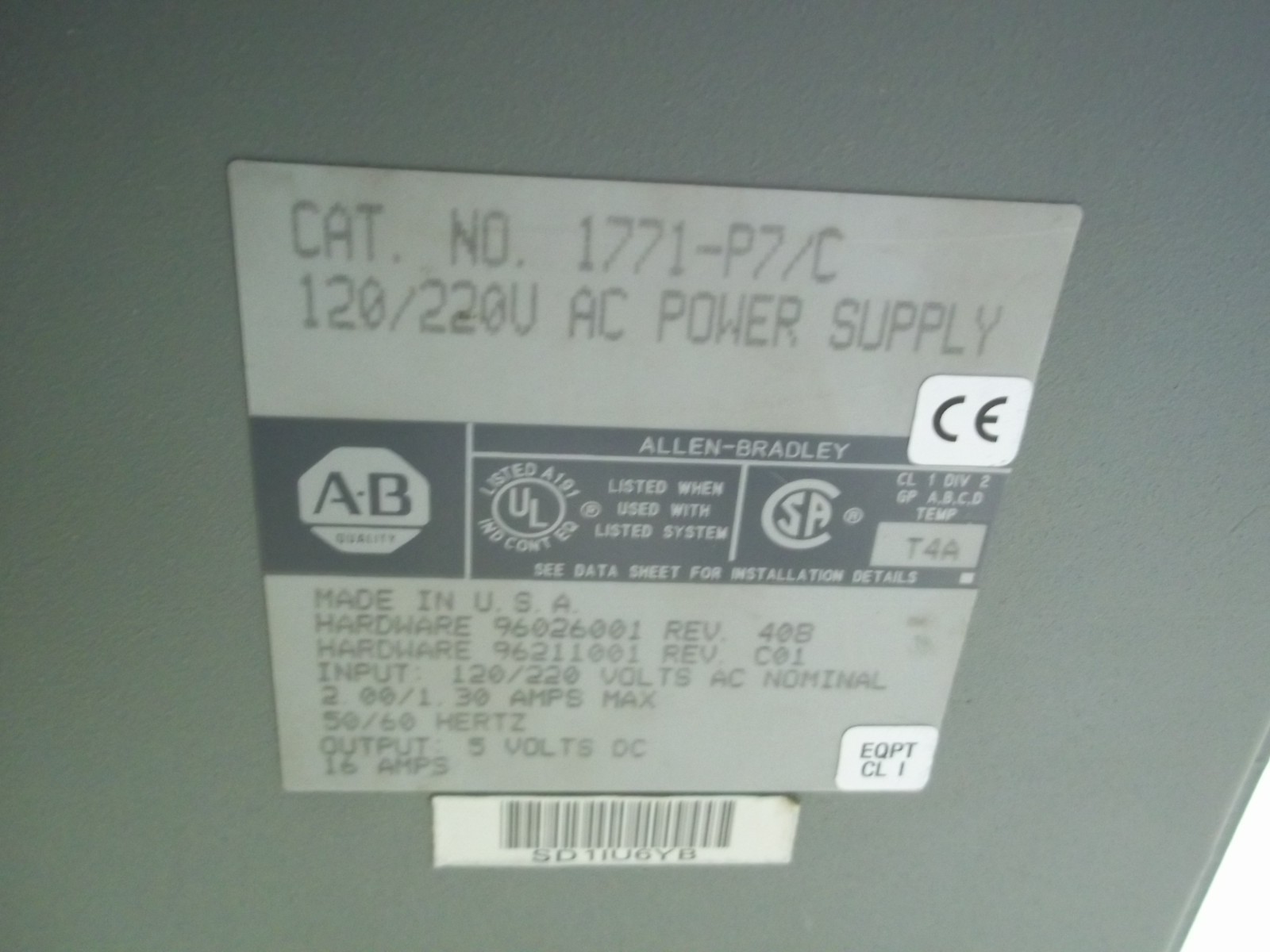 ALLEN BRADLEY 1771-P7/C 120V 220C AC POWER SUPPLY 30 AMP NO CORD AK
