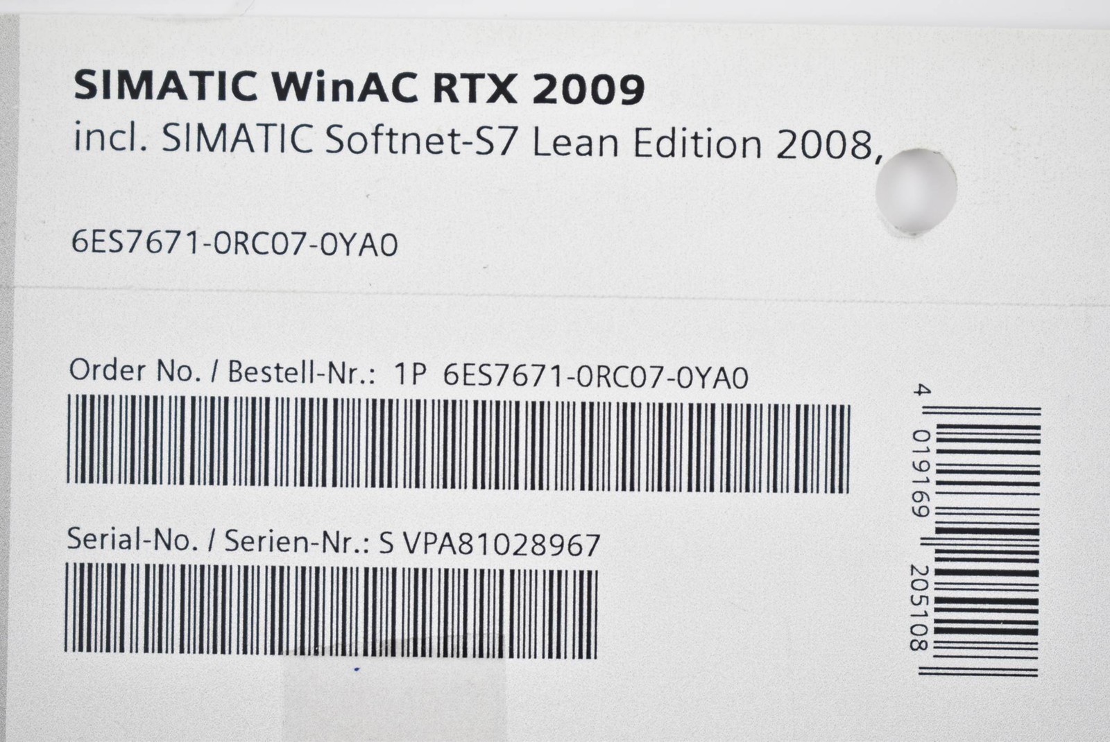Siemens Simatic WinAC RTX 2009 6ES7671-0RC07-0YA0 ( 6ES7 671-0RC07-0YA0 )