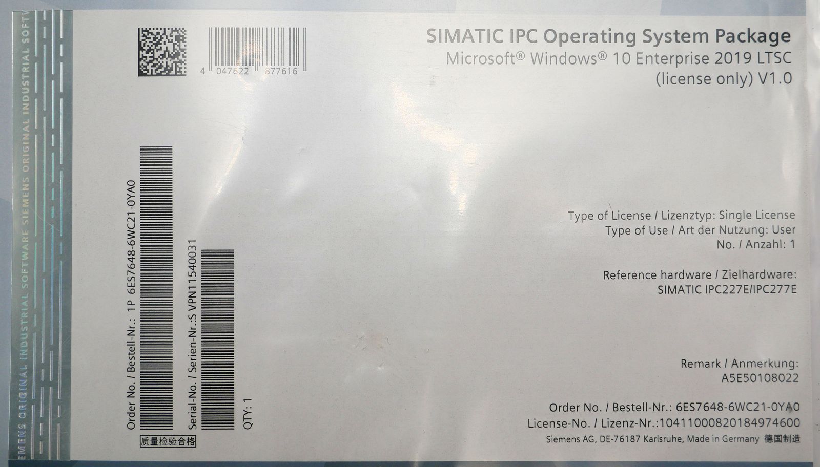 Siemens Simatic S7 6ES7648-6WC21-0YA0 V1.0 IPC Operating System Package -sealed-