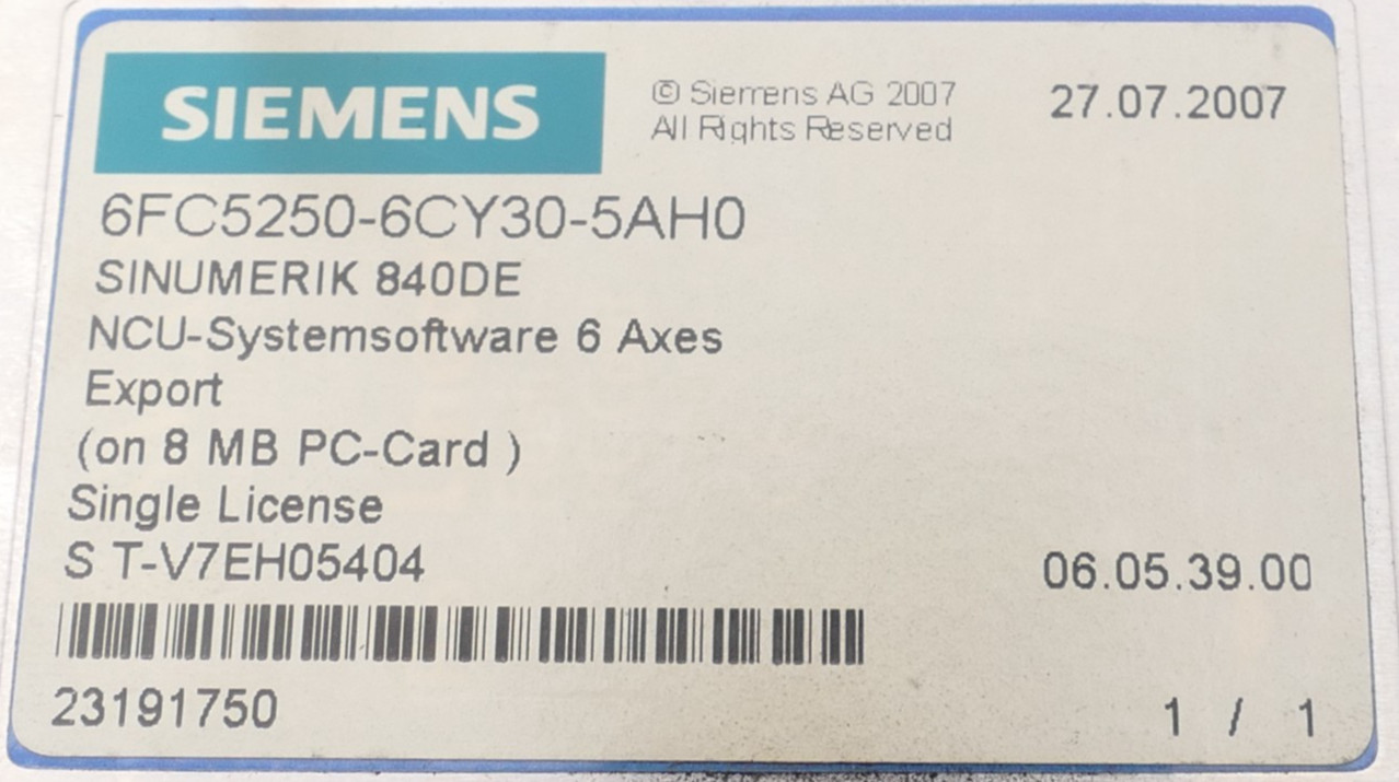 Siemens SINUMERIK 840DE CNC Software 6FC5 250-6CY30-5AH0 | 6FC5250-6CY30-5AH0