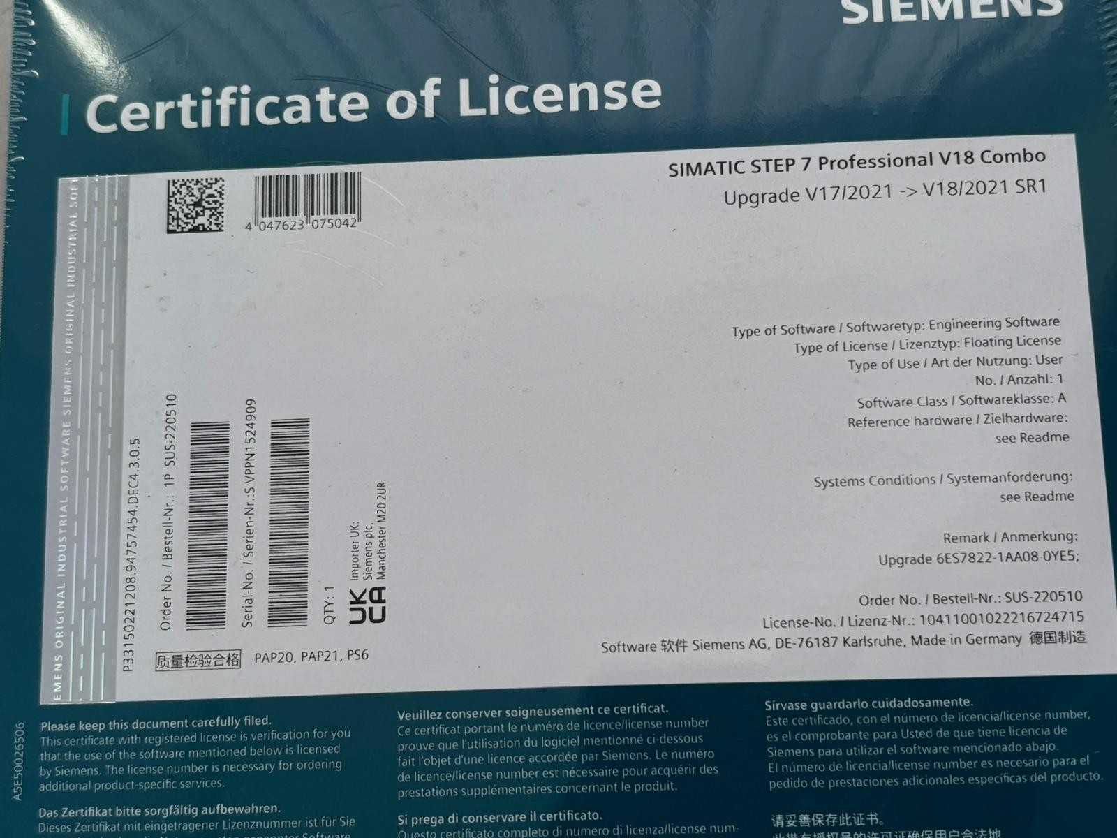 Siemens SIMATIC STEP 7 Professional V18 Combo SUS-220510 6ES7822-1AA08-0YE5