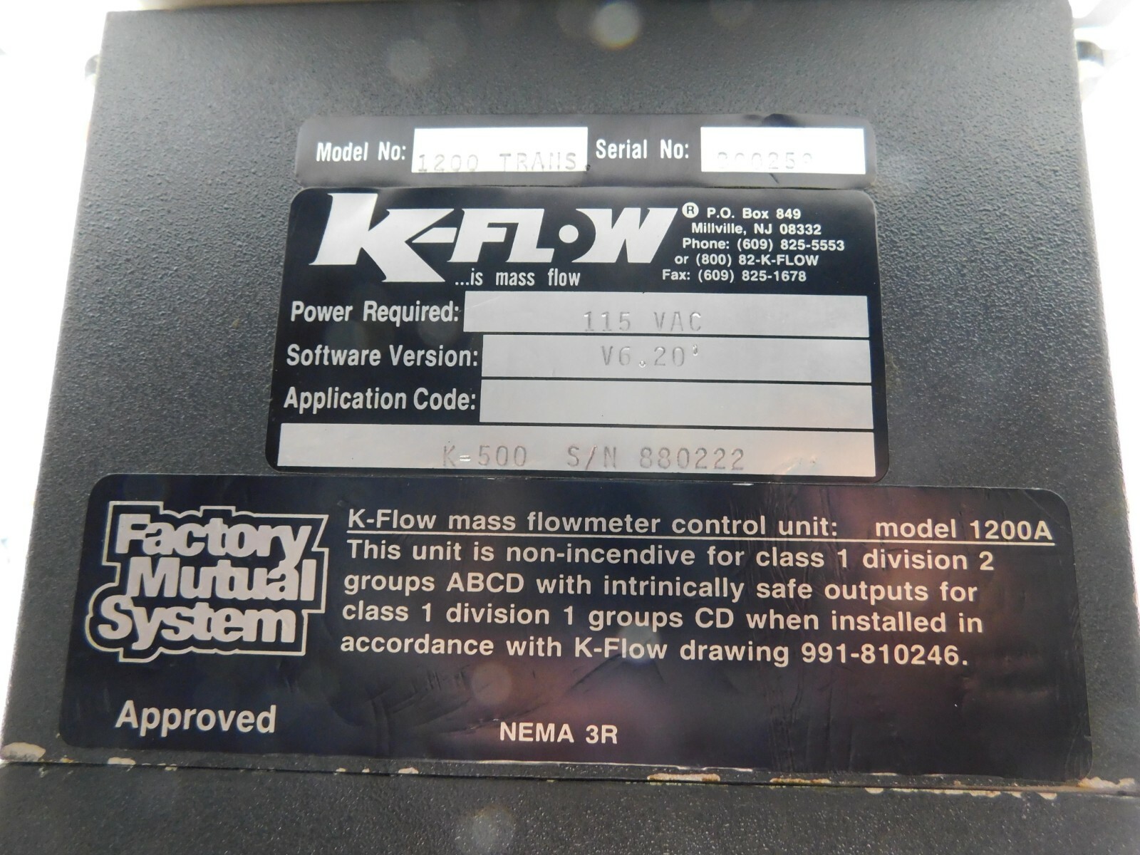 K-FLOW K500 1200 Trans Mass Flowmeter Control Unit 115 VAC Nema 3R Software V6.2
