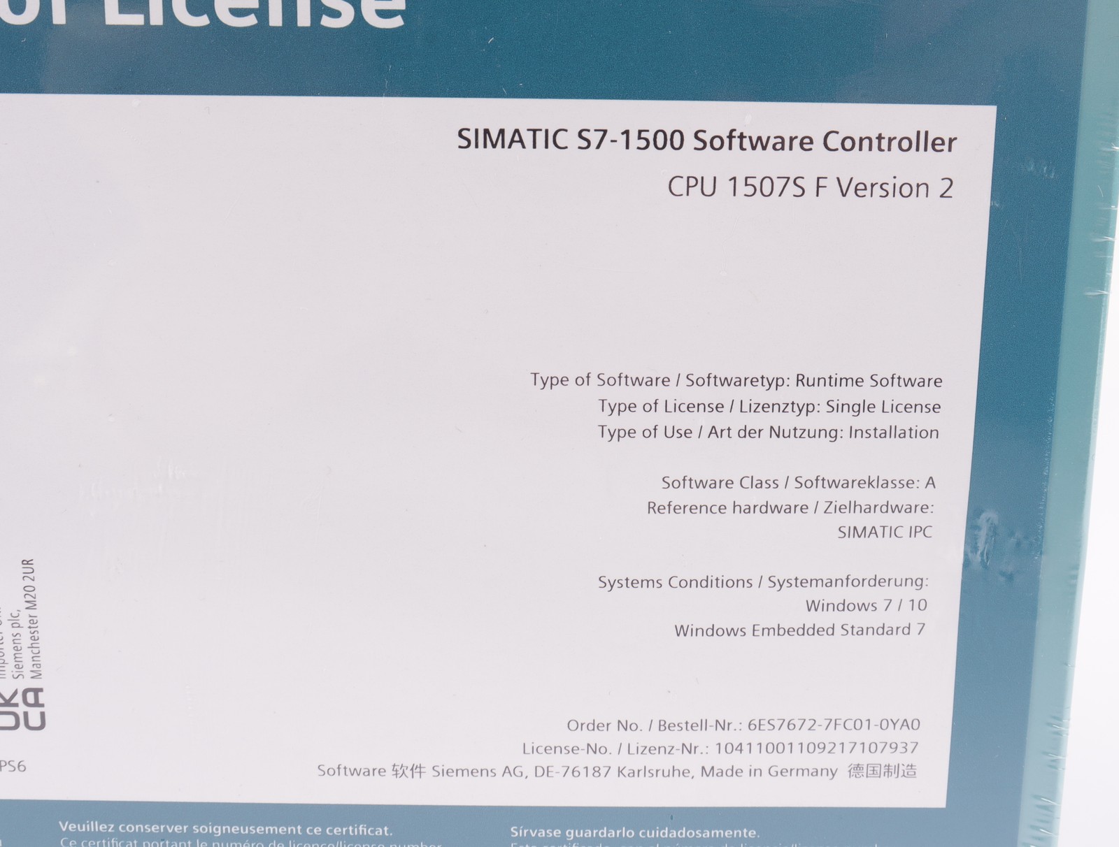 Siemens SIMATIC S7-1500 Software Controller CPU 1507S F 6ES7672-7FC01-0YA0 Vers2